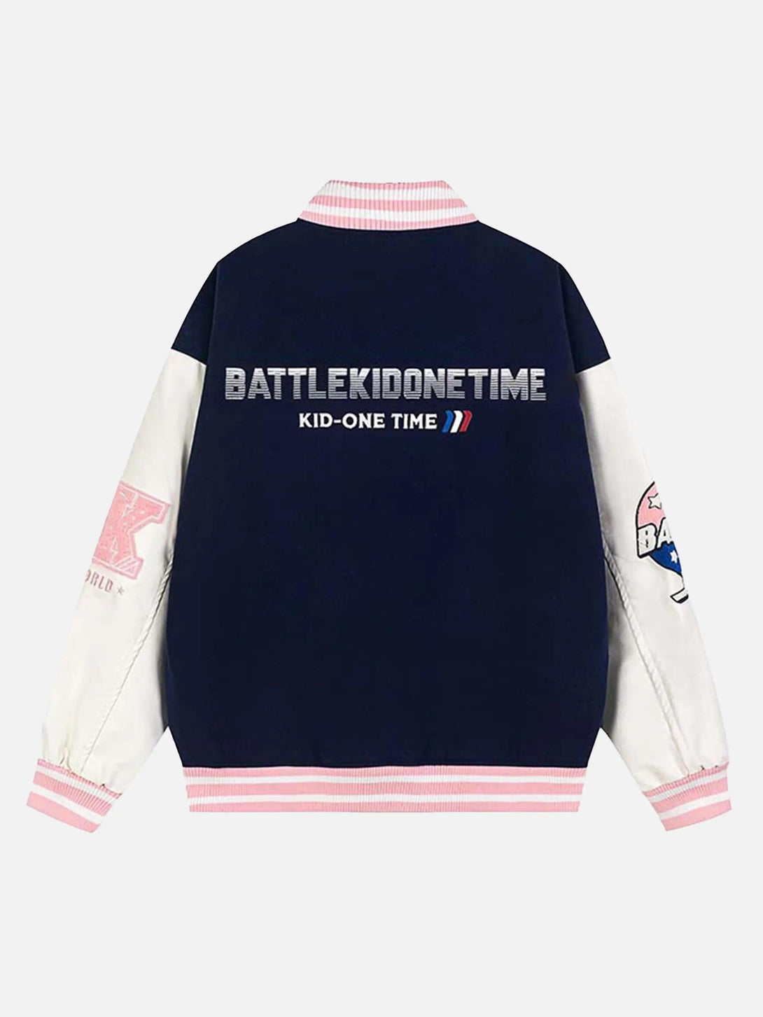 Back view of a navy and white baseball jacket by TALISHKO, featuring bold embroidered text.