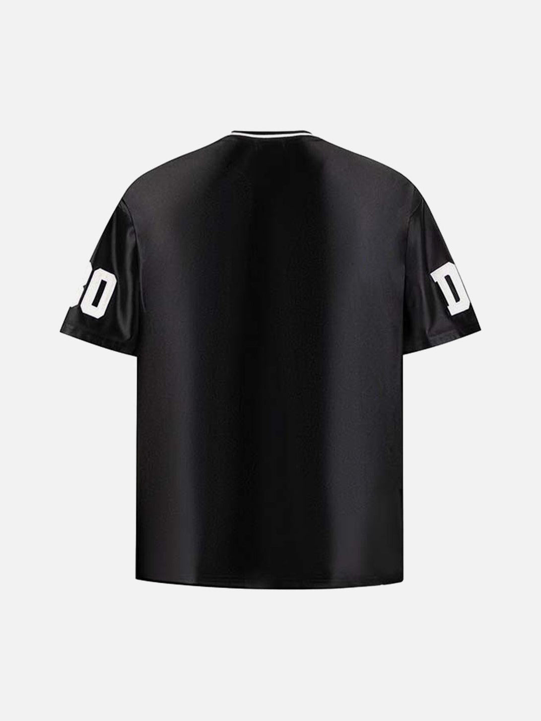 Back view of a black sports jersey T-shirt with bold sleeve print by TALISHKO.