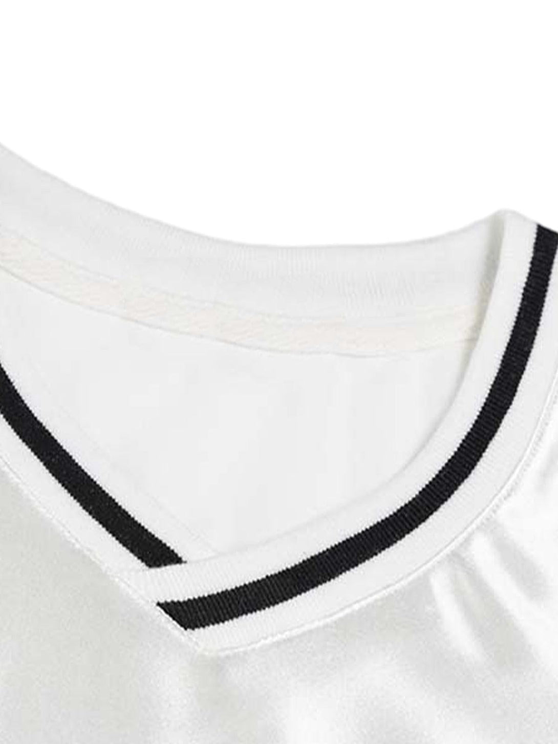 A detailed view of the neckline on a white sports jersey T-shirt by TALISHKO, featuring black trim.