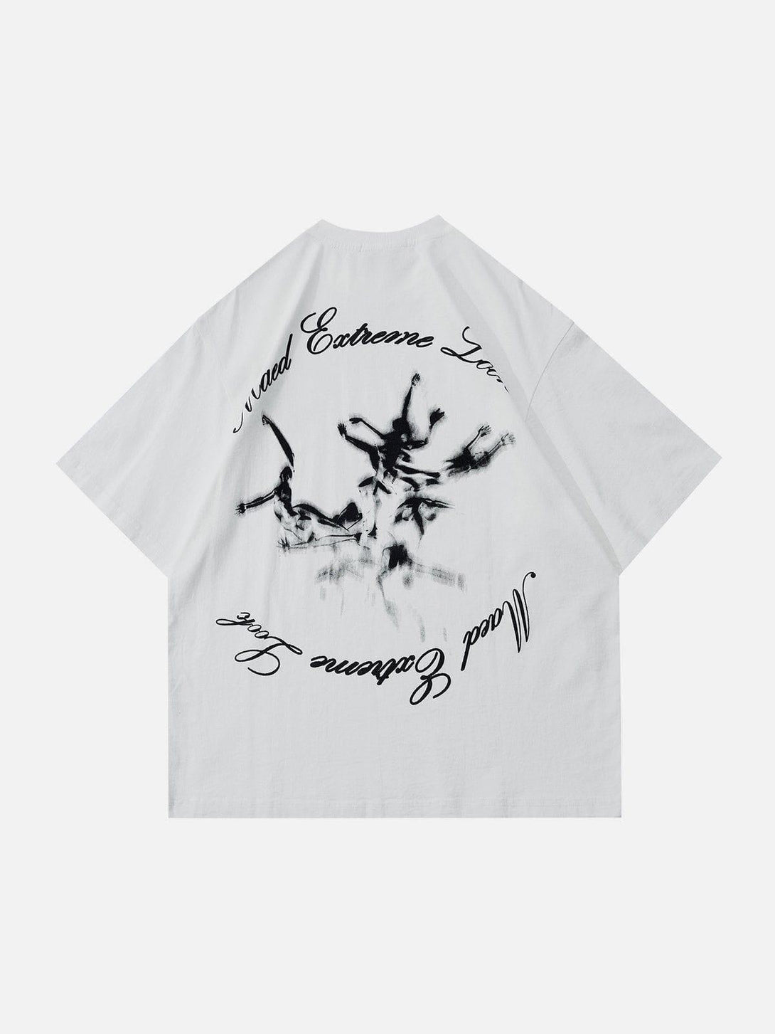 Back of TALISHKO white graphic tee featuring abstract design and bold script detailing.