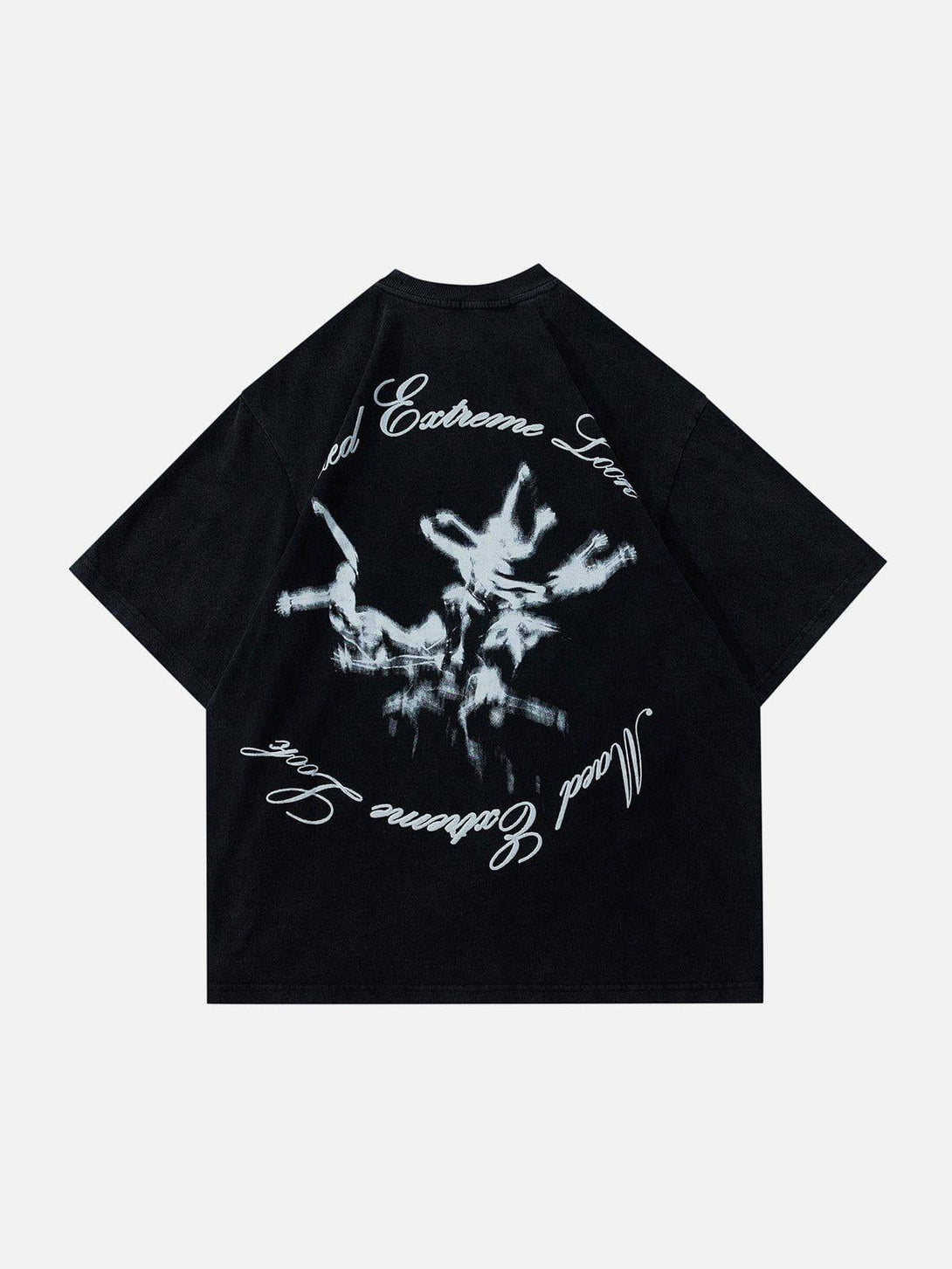 Back view of TALISHKO graphic tee with mysterious monster design and stylish script detail.