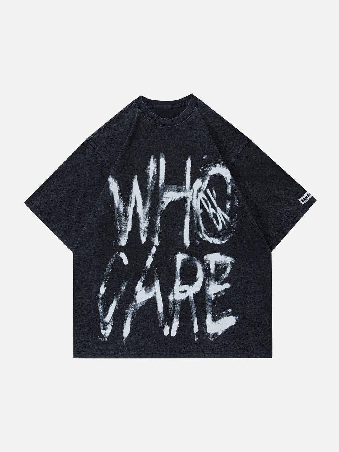 TALISHKO oversized tee with striking "WHO CARE" text, perfect for a bold streetwear look.