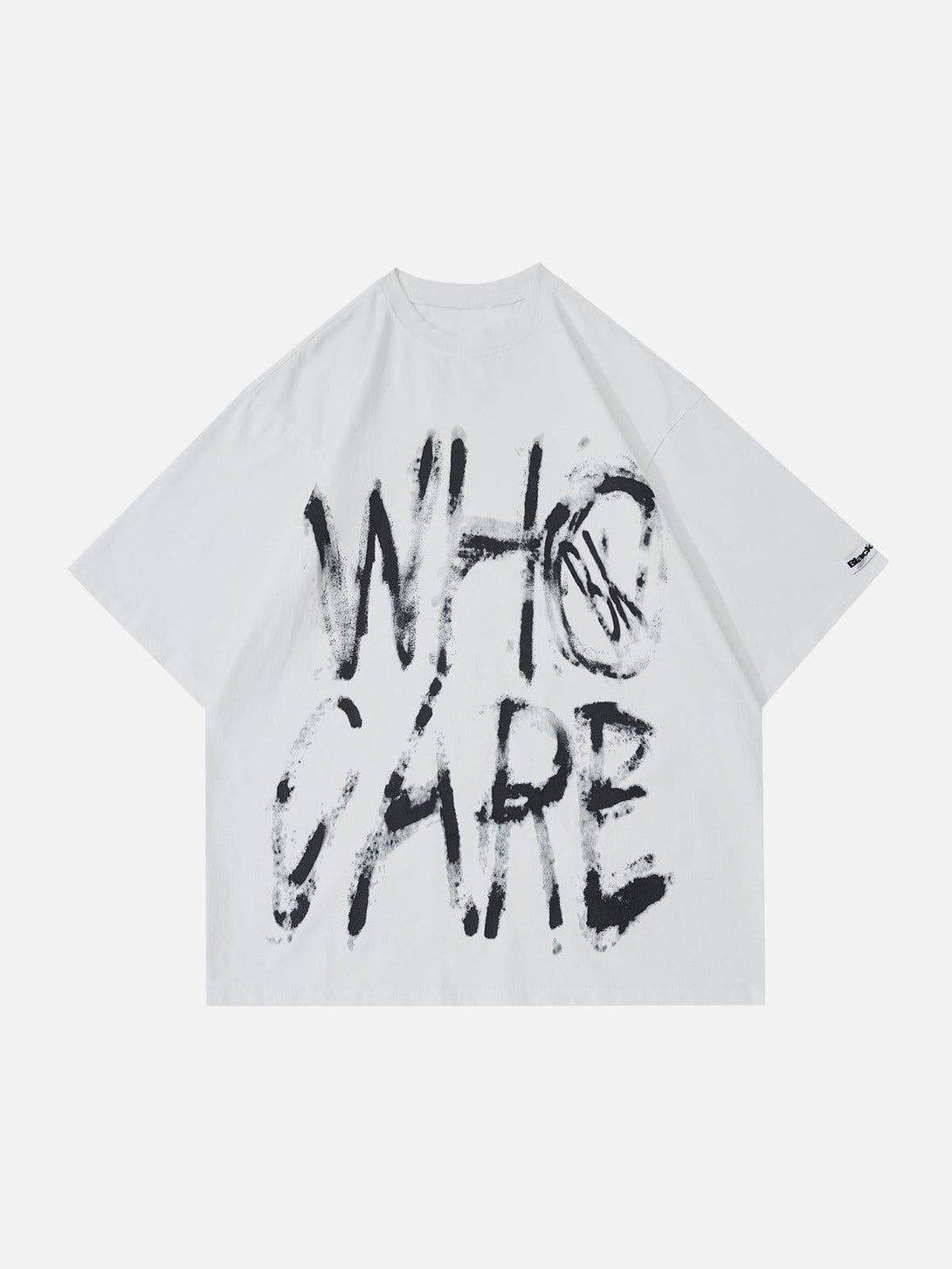 Front view of TALISHKO white tee with striking "WHO CARE" text for a bold statement.