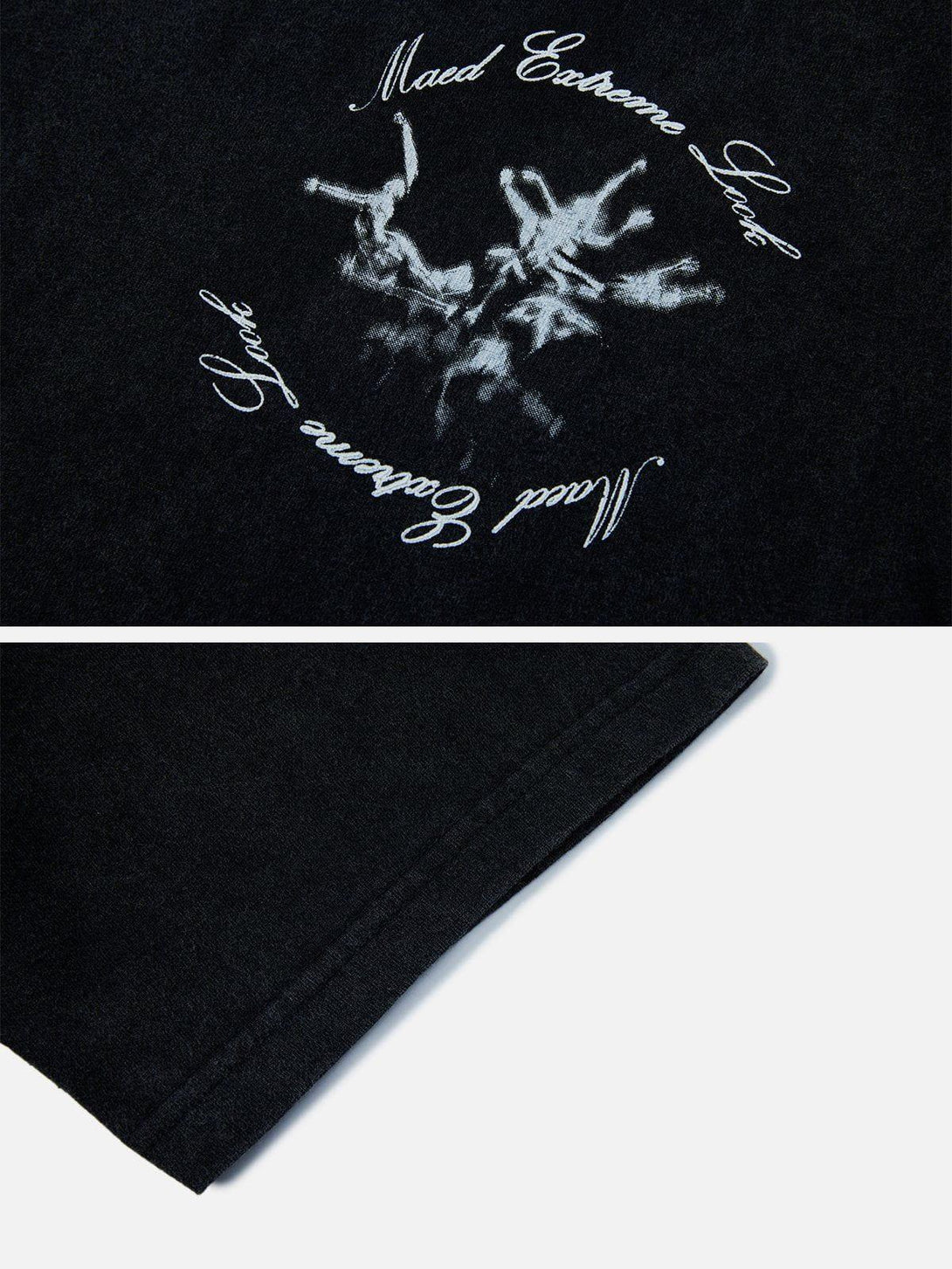 Detailed look at the TALISHKO graphic tee's intricate design and sleeve stitching.
