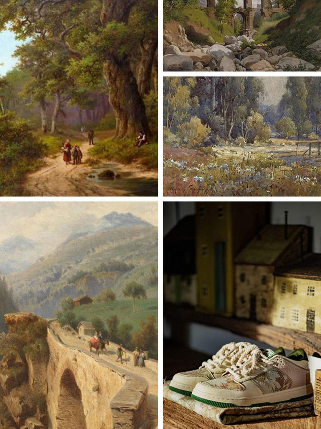 TALISHKO skate shoes with an oil painting forest print, placed on a rustic wooden shelf.