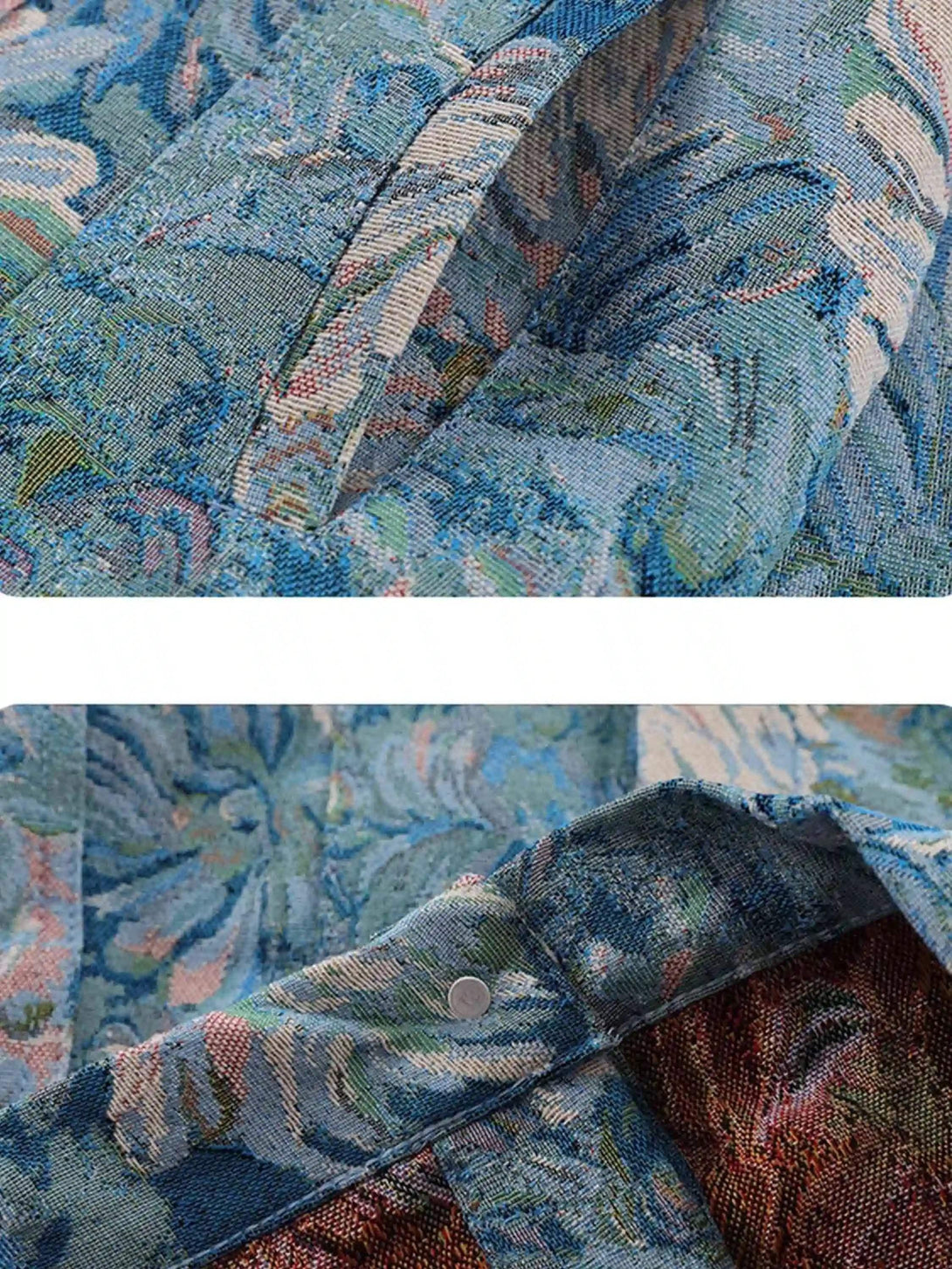 Intricate fabric and stitching details of the floral jacquard denim jacket by TALISHKO.