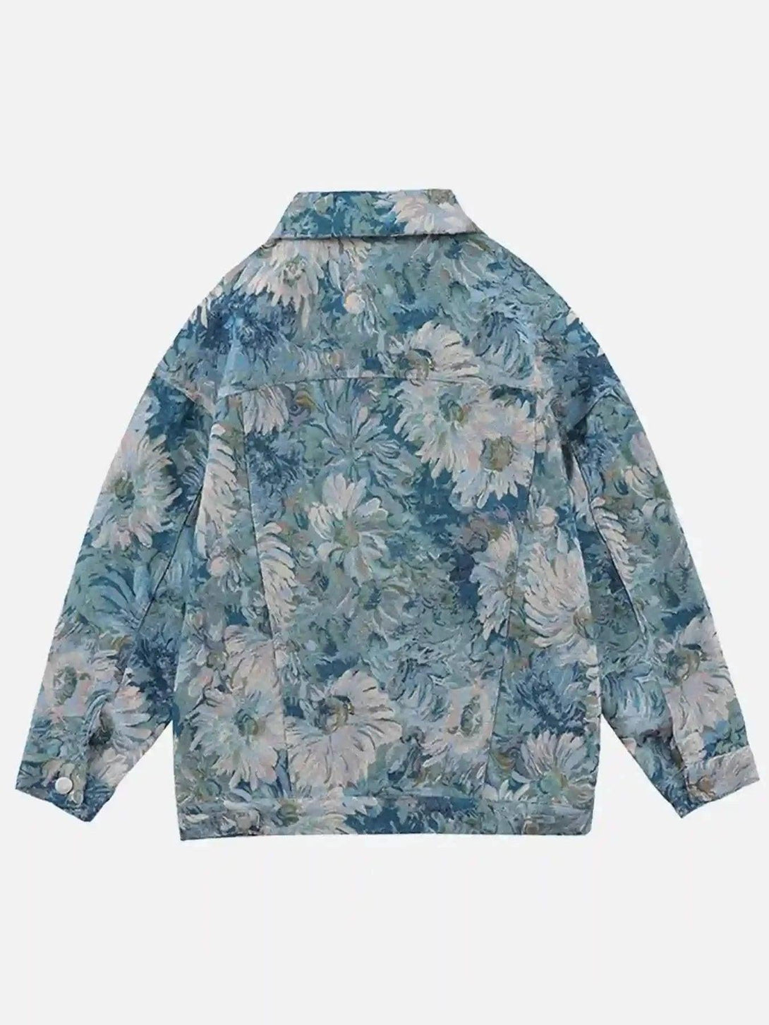 Back view of a floral jacquard denim jacket by TALISHKO, highlighting its artistic pattern.
