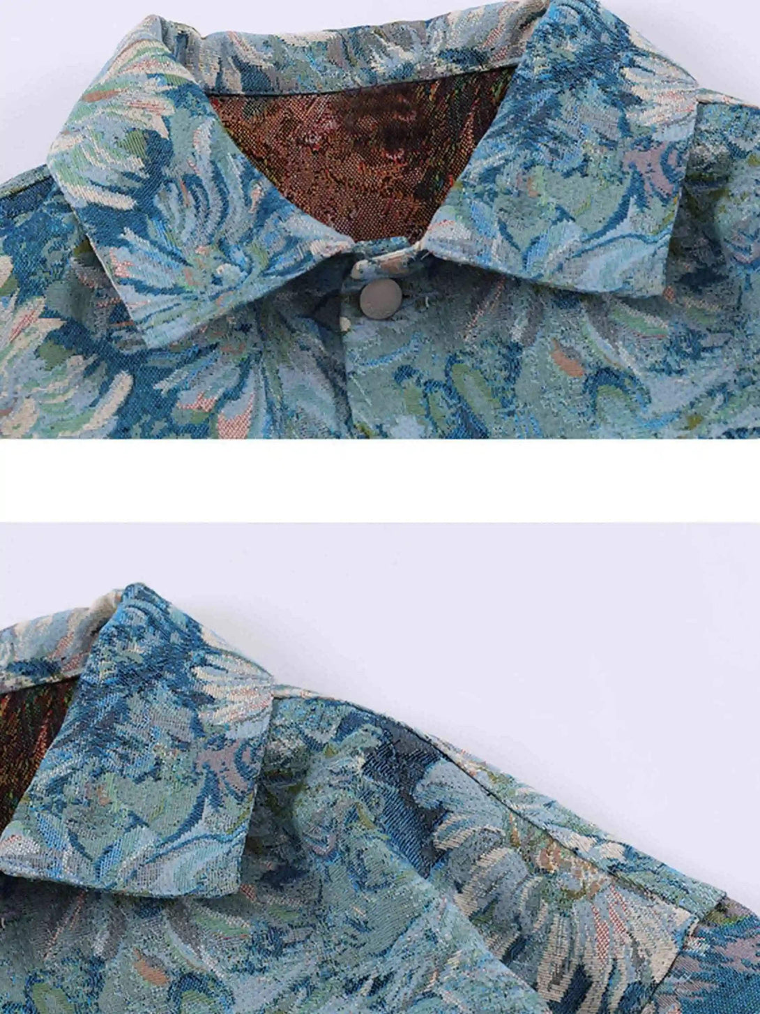 Intricate look at the floral jacquard collar detail of a denim jacket by TALISHKO.