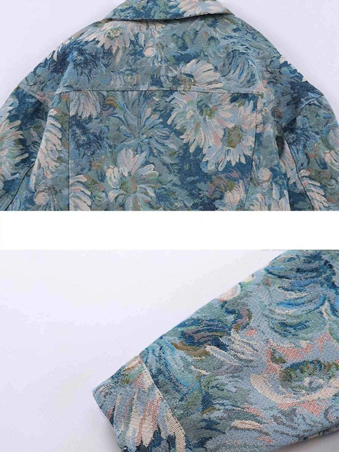 A detailed view of the floral jacquard sleeve on a denim jacket by TALISHKO.