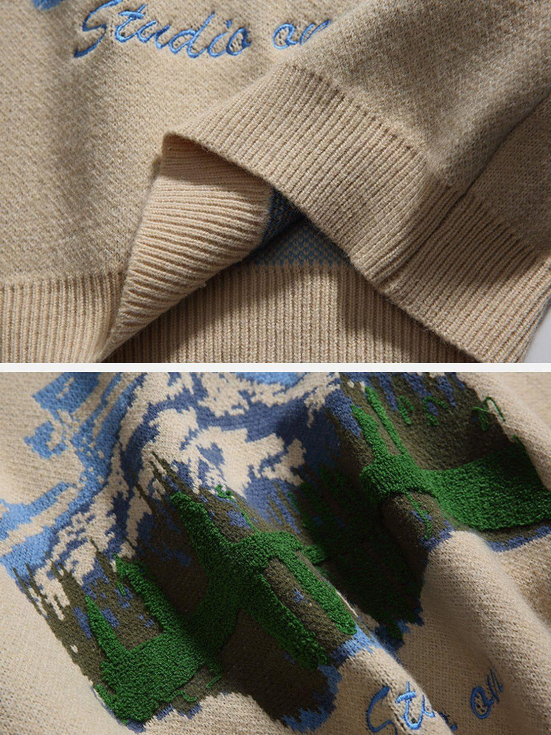 Zoomed-in texture of TALISHKO sweater highlighting intricate mountain and forest embroidery.