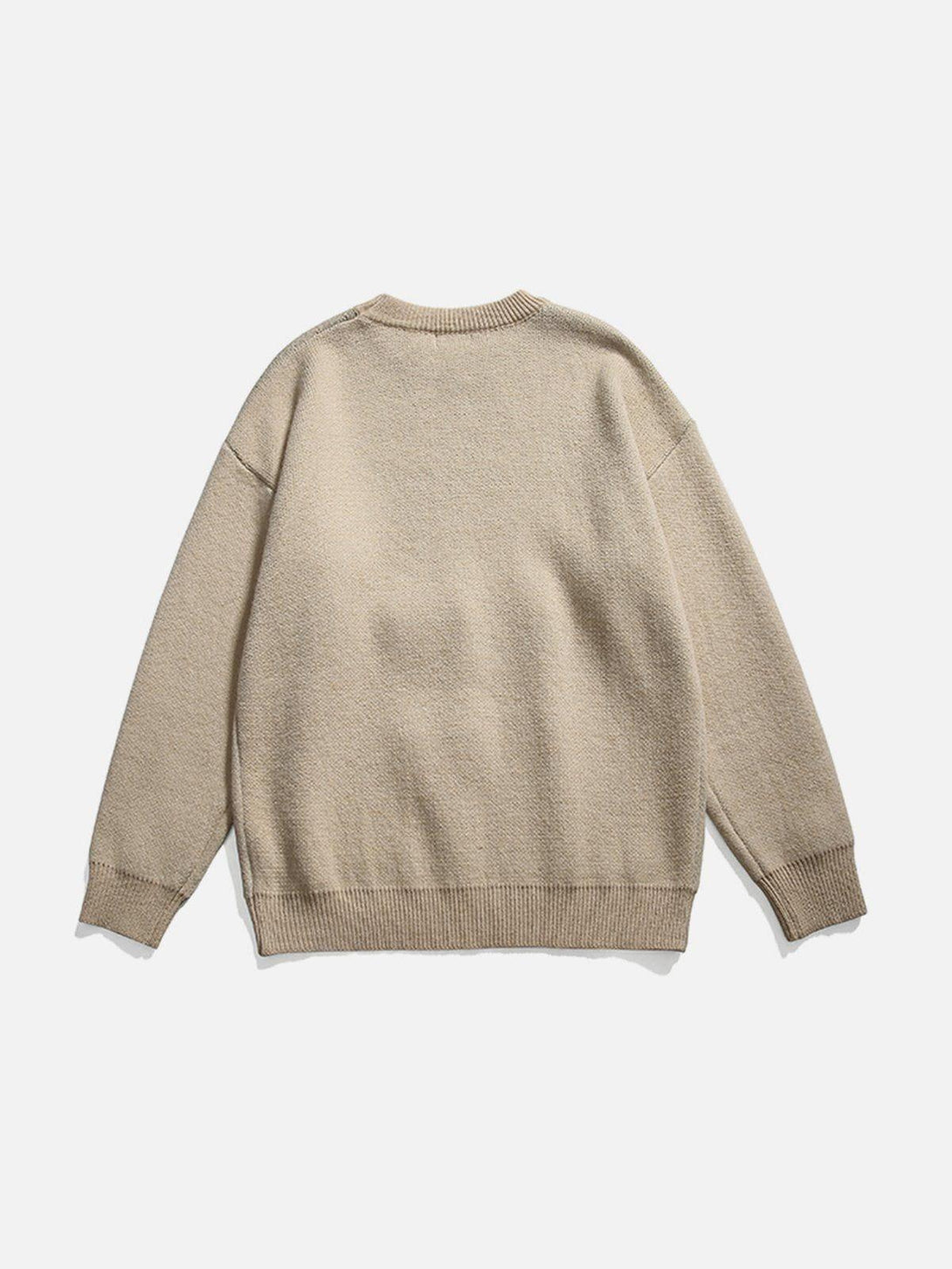 Back view of TALISHKO sweater showcasing a cozy knit texture in a neutral tone.