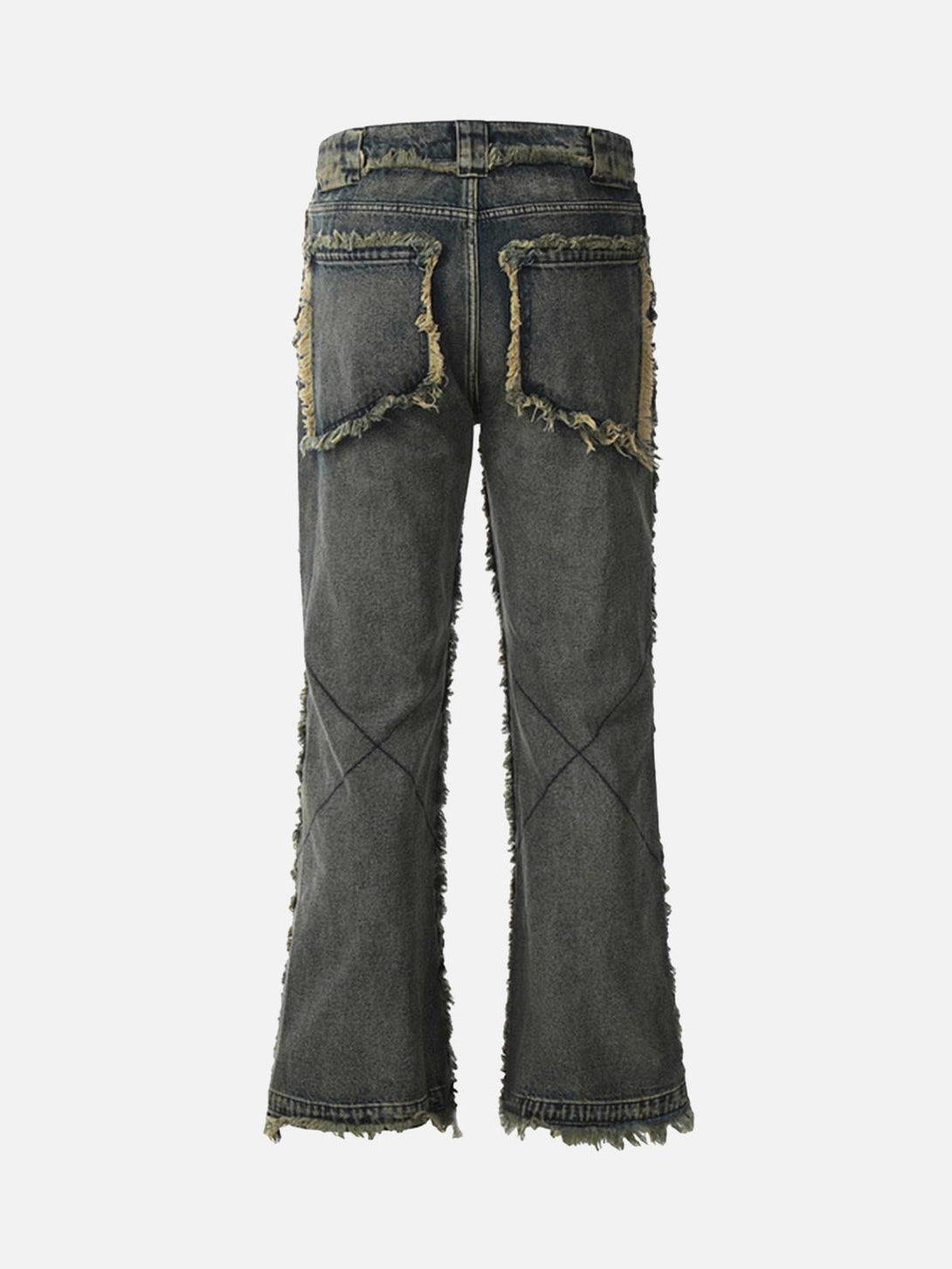 Back view of TALISHKO jeans with raw hems and frayed edges, showcasing a bold style.