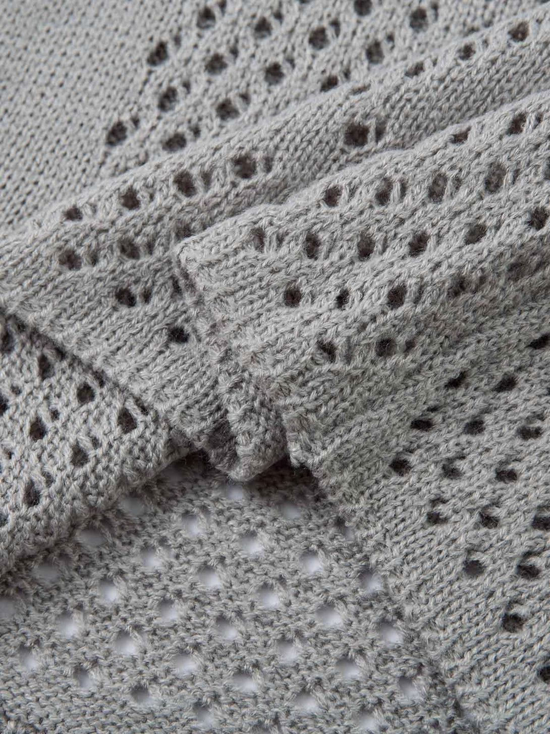 Zoomed-in texture of TALISHKO's openwork knit sweater, highlighting delicate patterns.