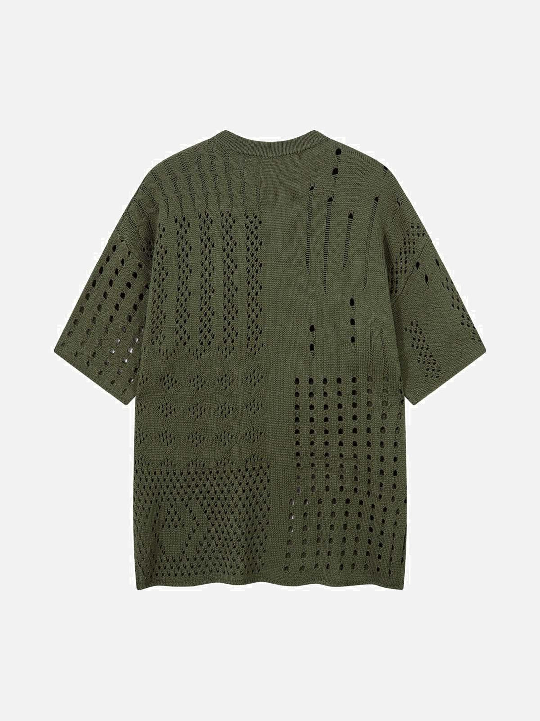 Back view of a green TALISHKO openwork knit short-sleeve sweater with intricate patterns.