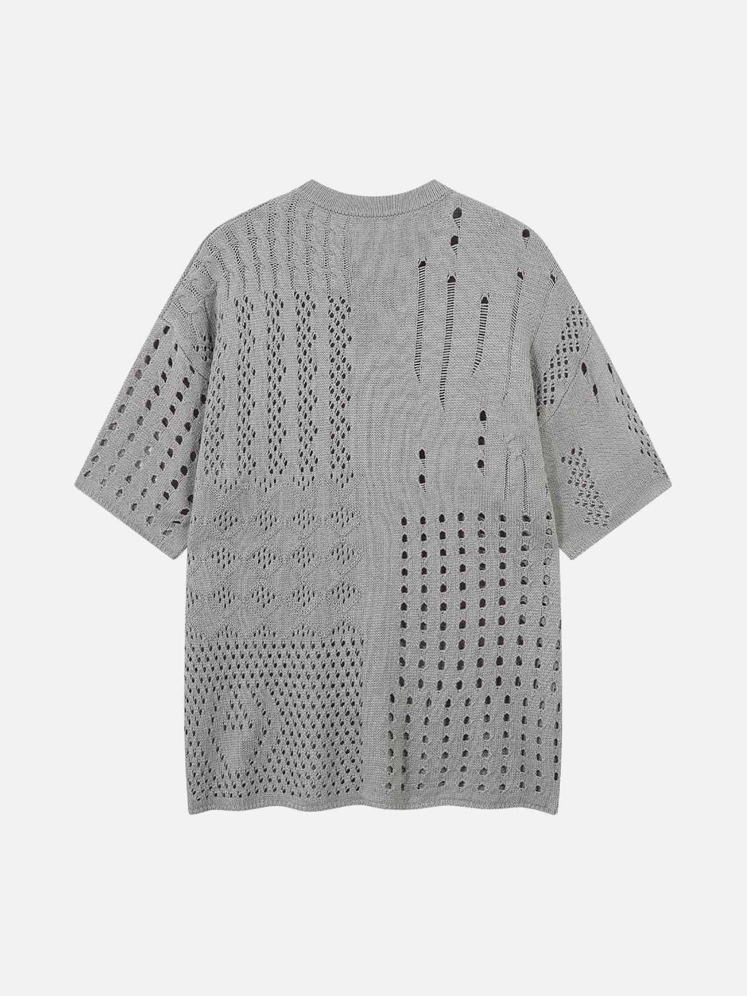 Back view of a TALISHKO openwork knit short-sleeve sweater, showcasing intricate patterns.
