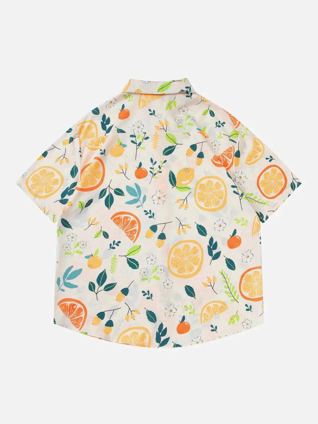 Back view of a colorful citrus-themed short sleeve shirt by TALISHKO, ideal for summer vibes.