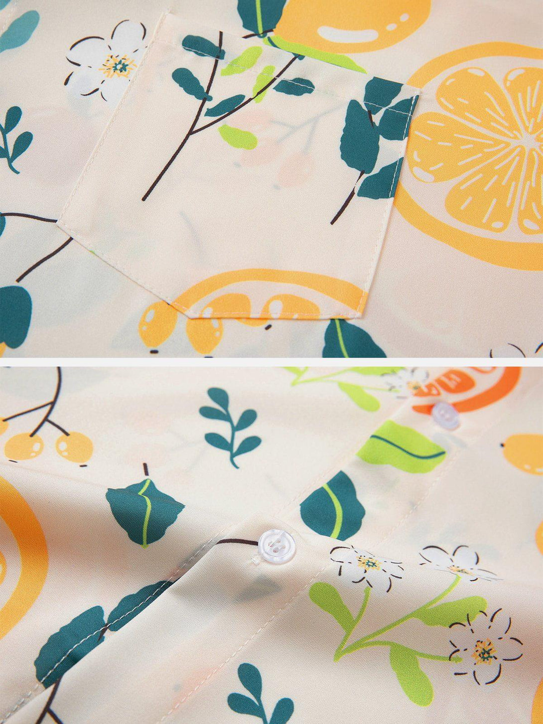 A close-up of the vibrant orange and floral pattern on a TALISHKO short sleeve shirt, showcasing intricate design details.
