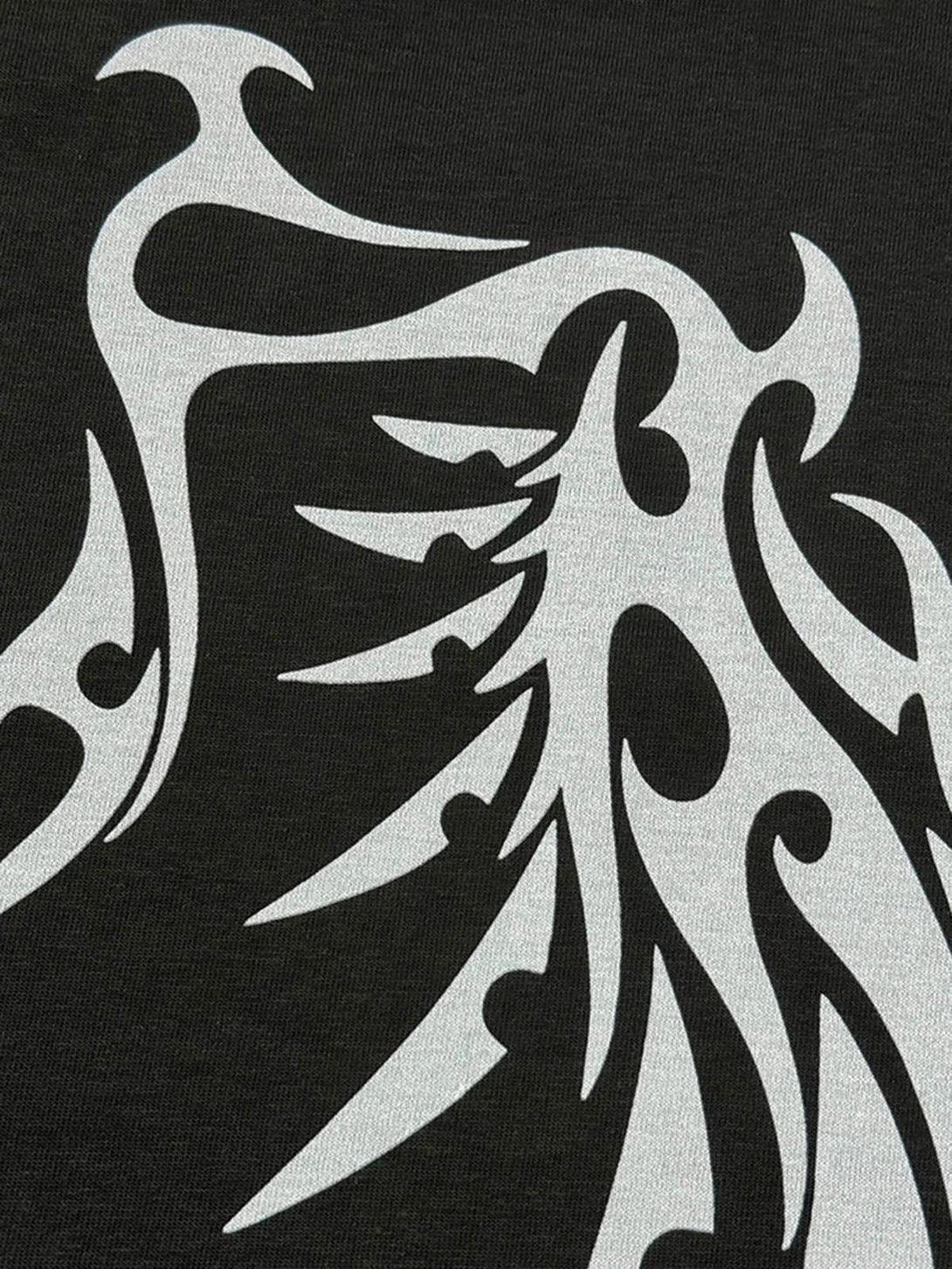 A detailed view of the striking bone wing pattern on a street rap T-shirt by TALISHKO.