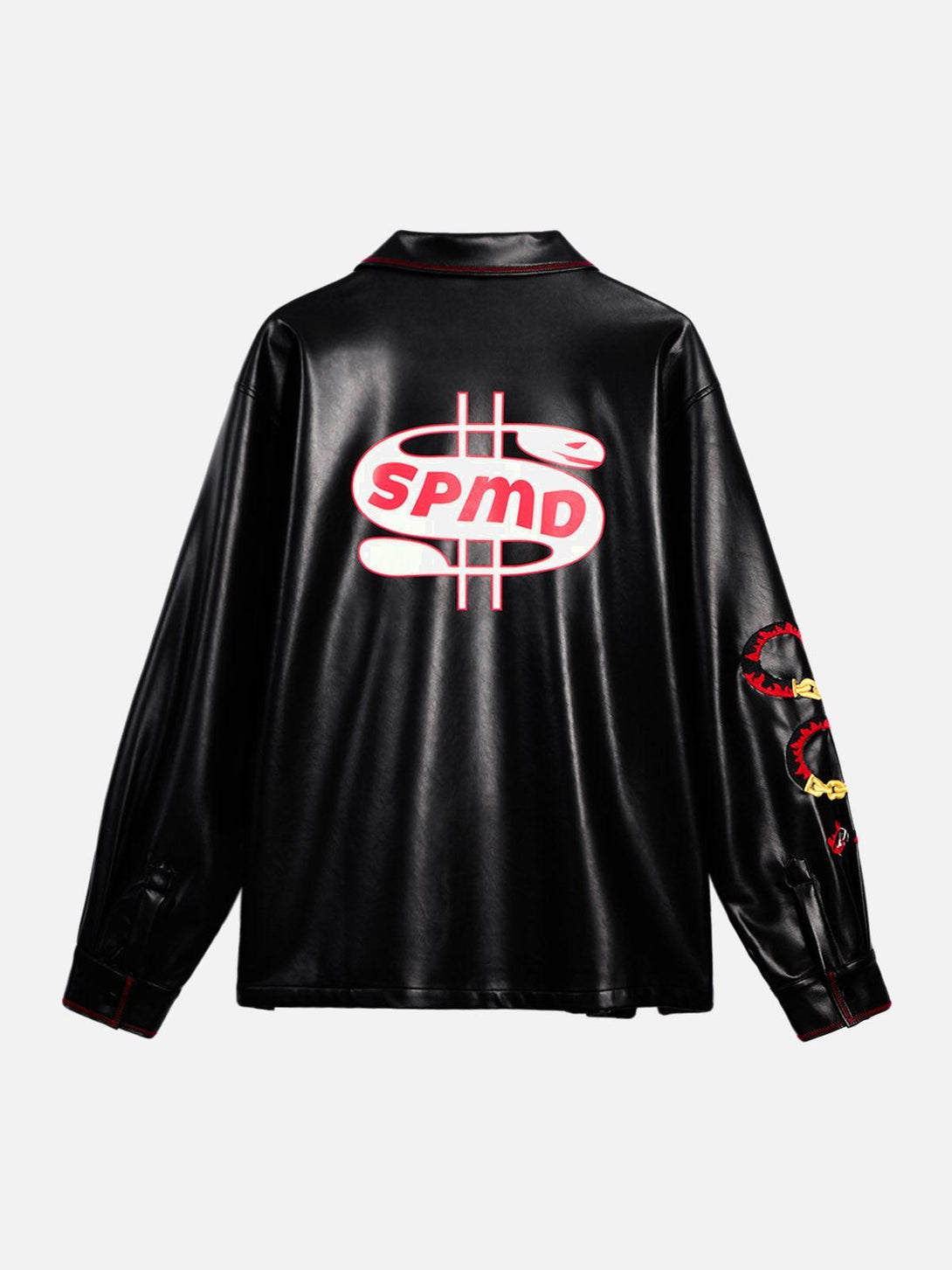 Back view of TALISHKO's leather shirt with bold SPMD logo and striking sleeve embroidery.