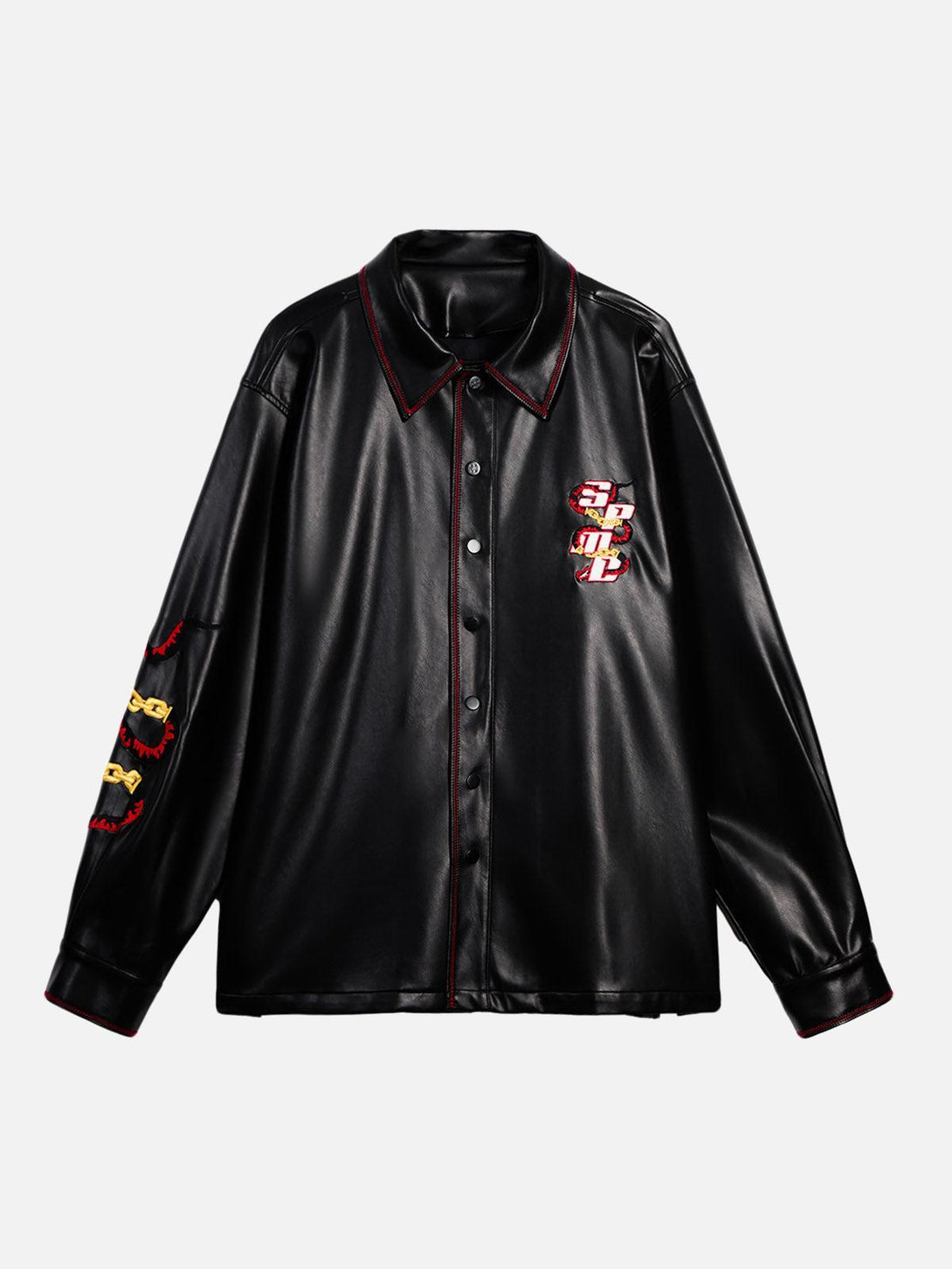 Black leather shirt by TALISHKO with bold embroidery and red stitching accents, front view.