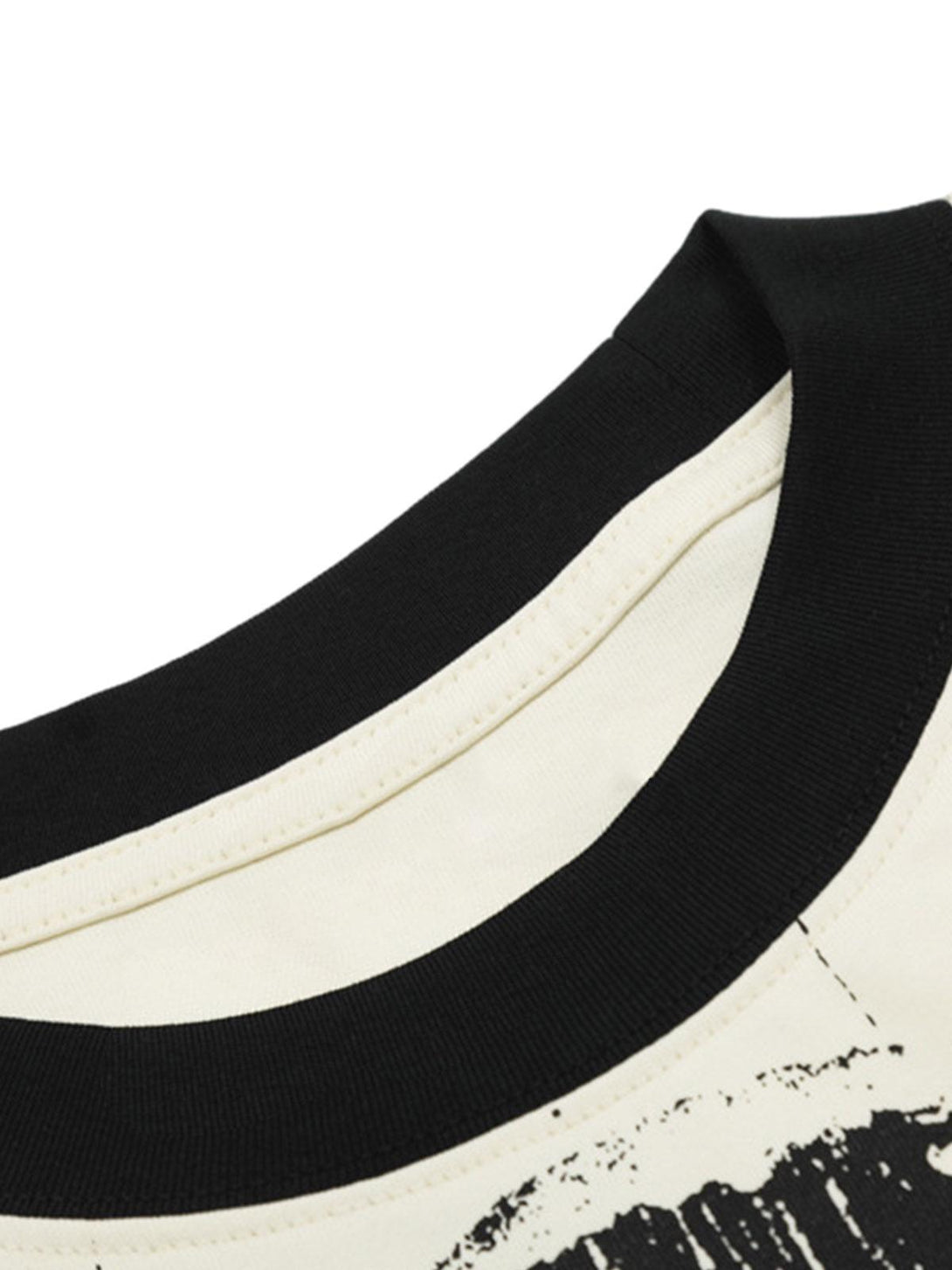 A tight crop highlighting the neckline detail of TALISHKO's inspirational graphic T-shirt.