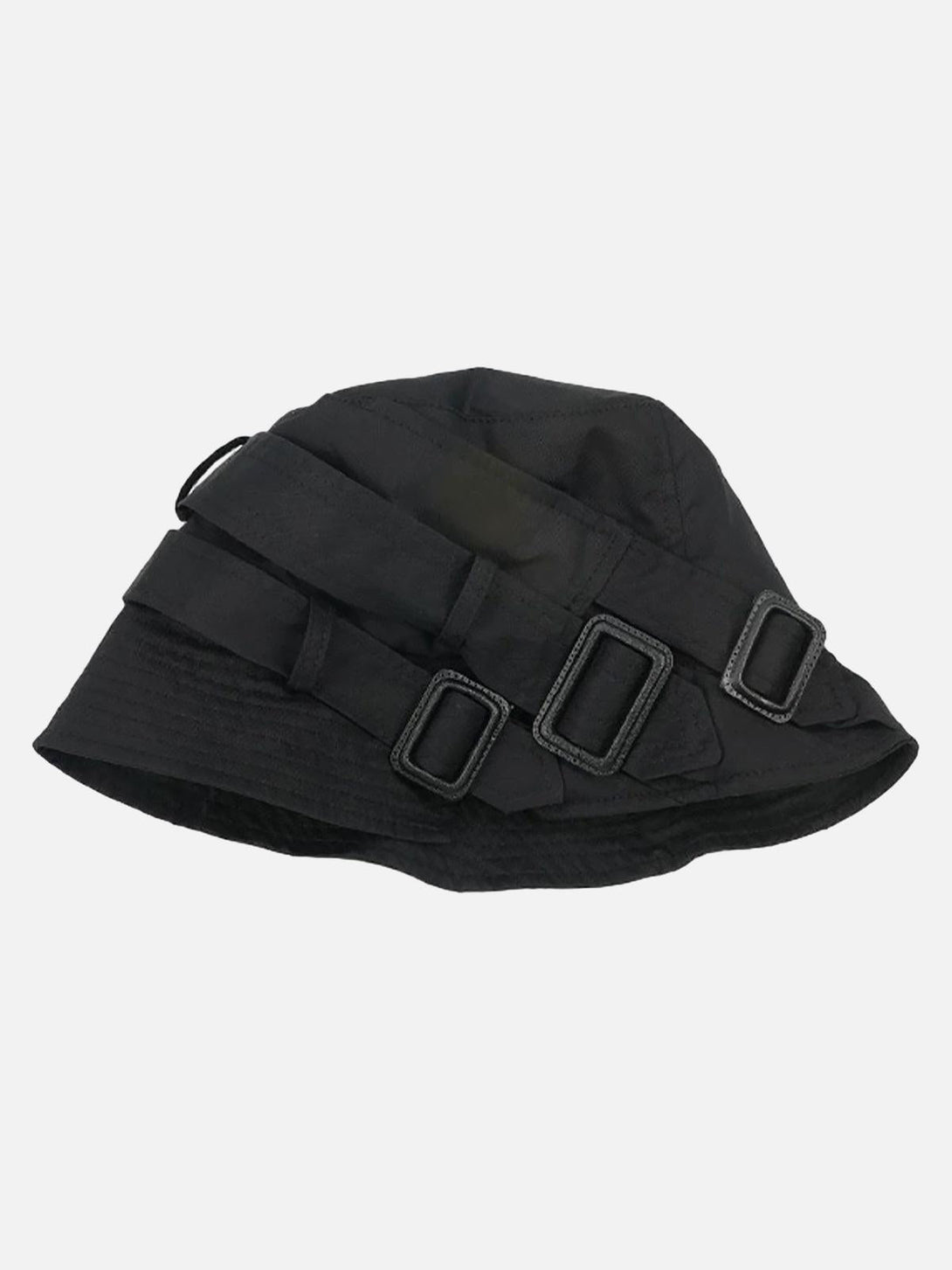 A sleek black bucket hat by TALISHKO, featuring adjustable buckles for a versatile fit.
