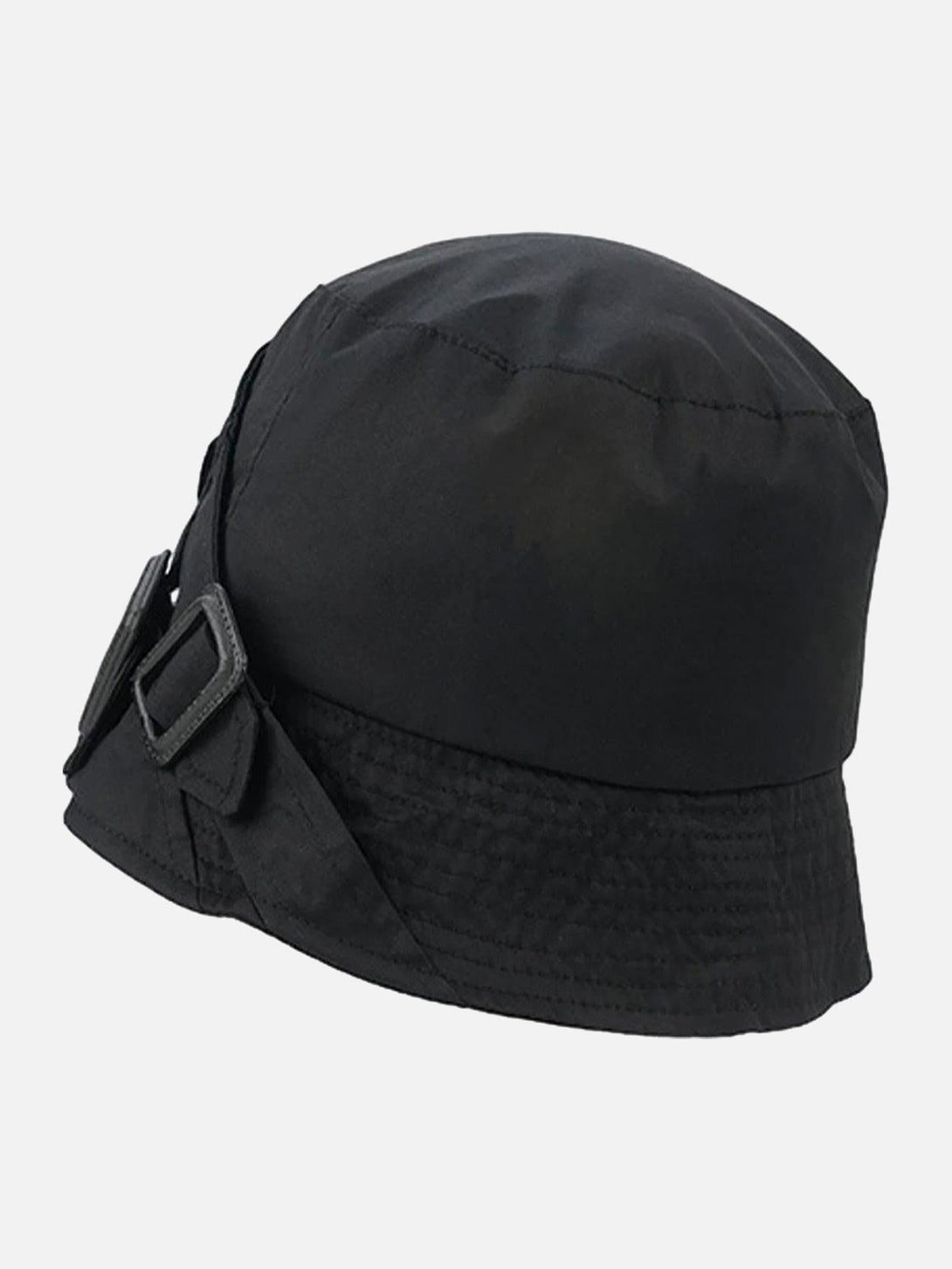 Side view of an adjustable black bucket hat by TALISHKO, featuring stylish buckle details.