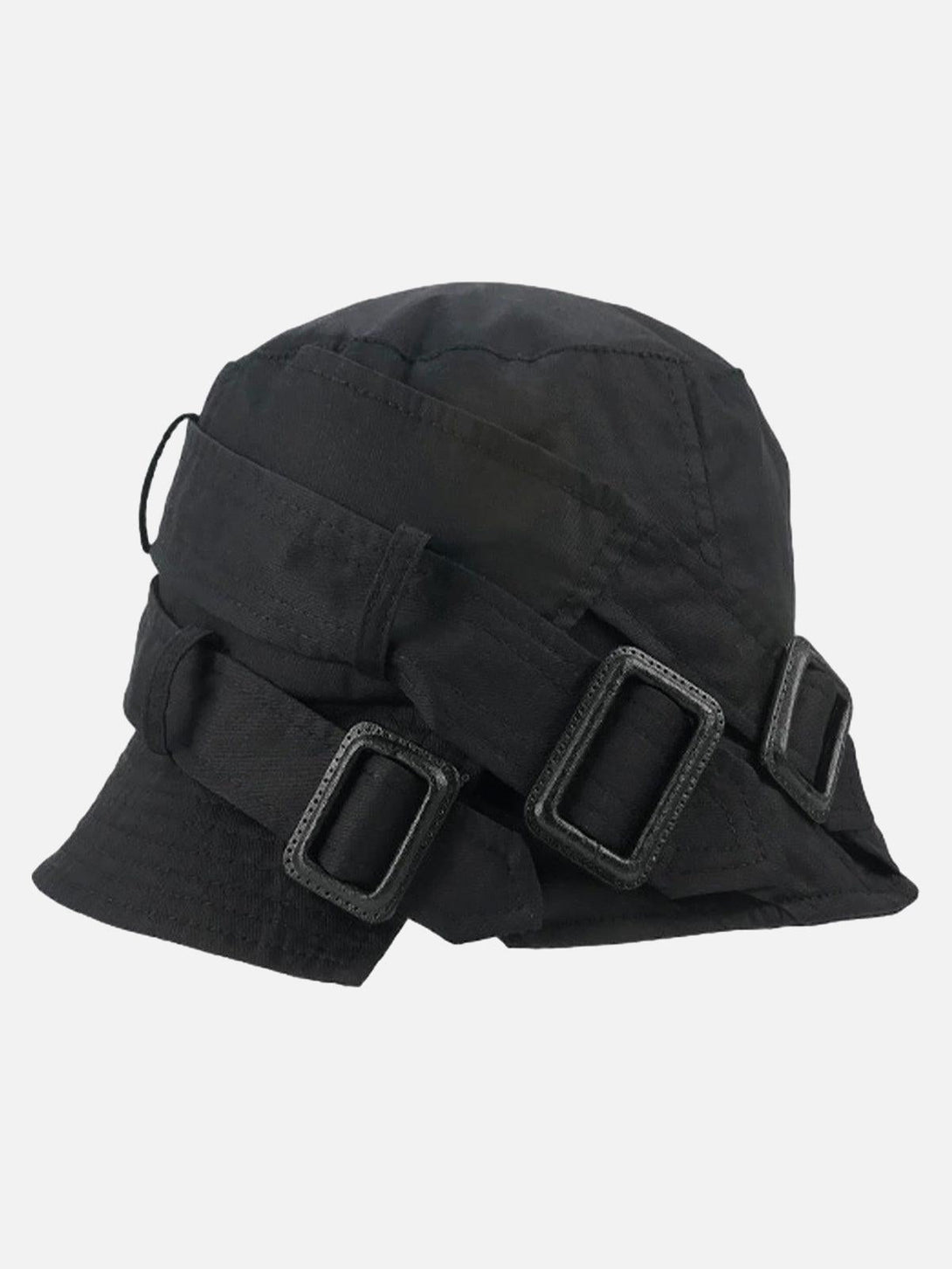 A side profile of TALISHKO's outdoor bucket hat in black, featuring adjustable buckle accents.