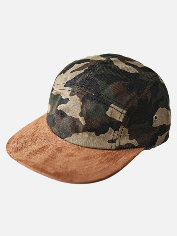 Camouflage baseball cap with a brown suede brim by TALISHKO, perfect for outdoor adventures.