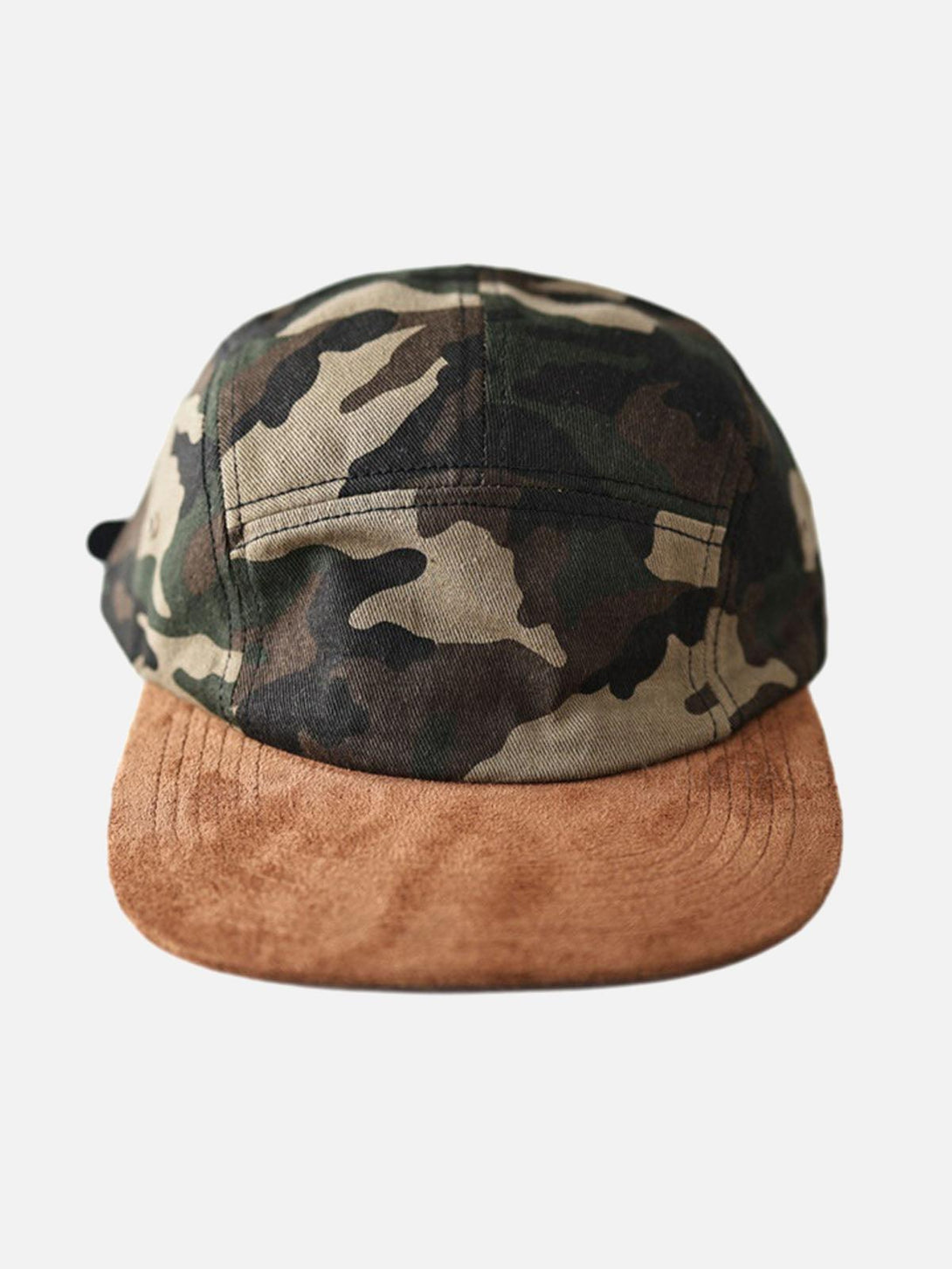 TALISHKO camouflage cap featuring a brown suede brim, ideal for adding rugged charm to casual looks.
