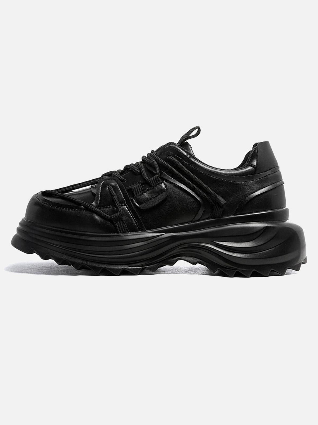 Side view of black platform sneakers by TALISHKO, showcasing bold outdoor workwear design.