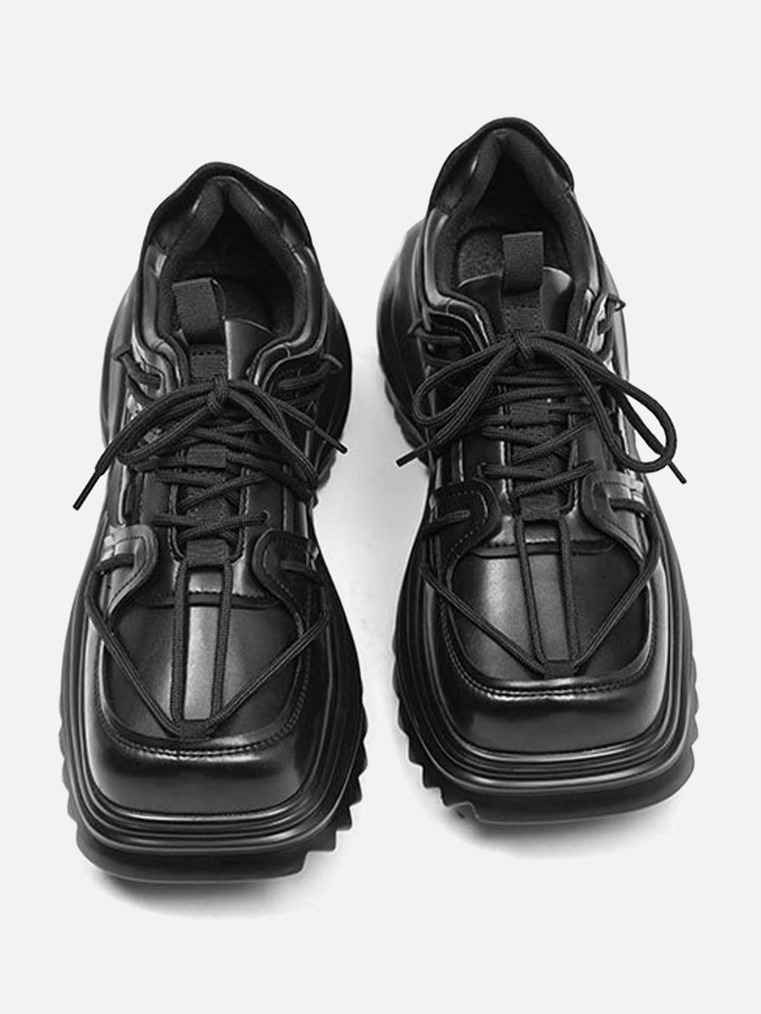 Front view of TALISHKO outdoor workwear platform sneakers in black, emphasizing sturdy design.