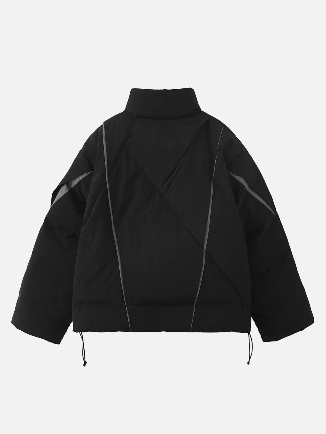 Back view of a black oversize deconstructed cotton jacket by TALISHKO, highlighting unique stitching.