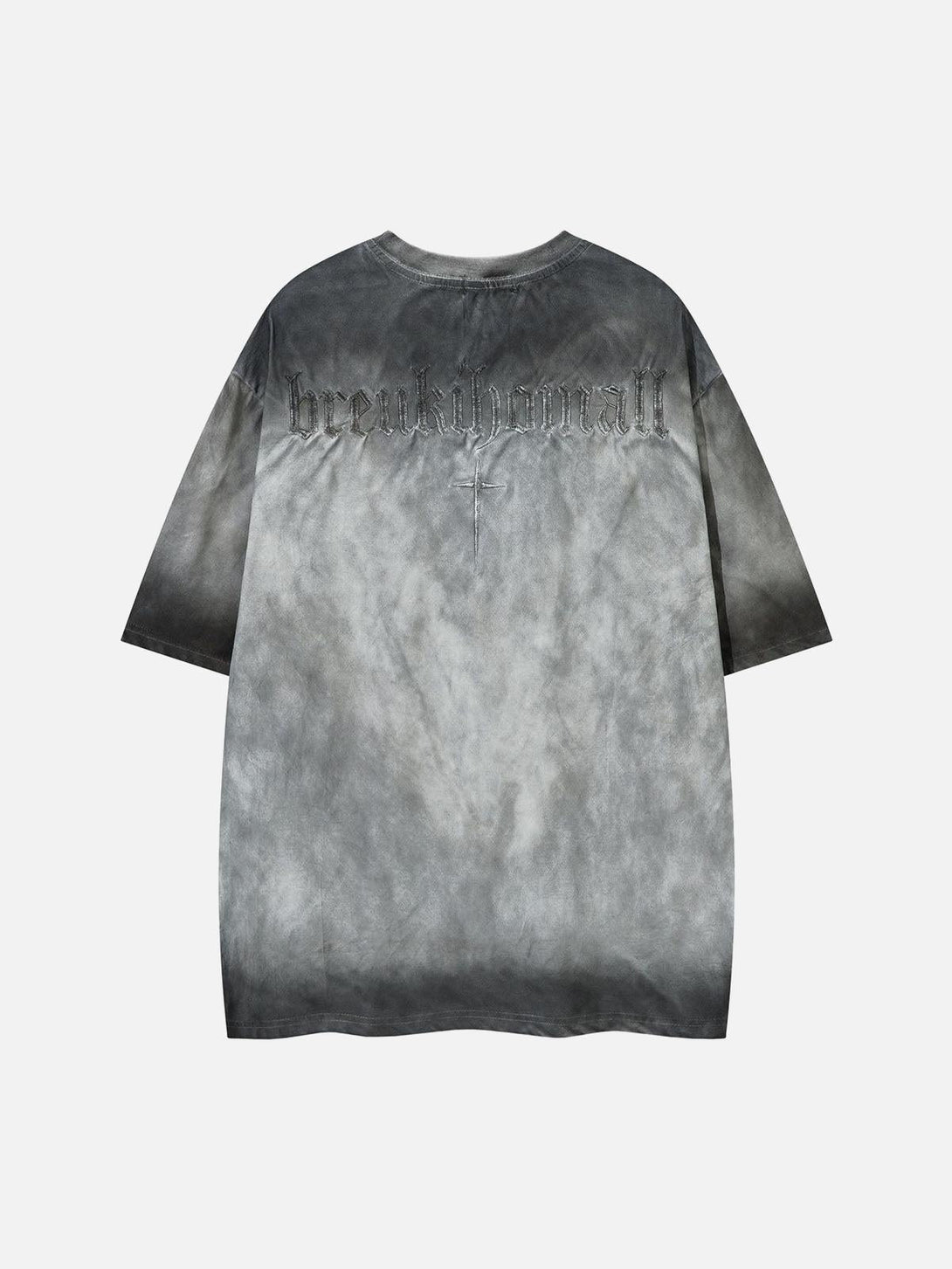 Back view of TALISHKO oversized t-shirt in gray with bold lettering and cross detail.