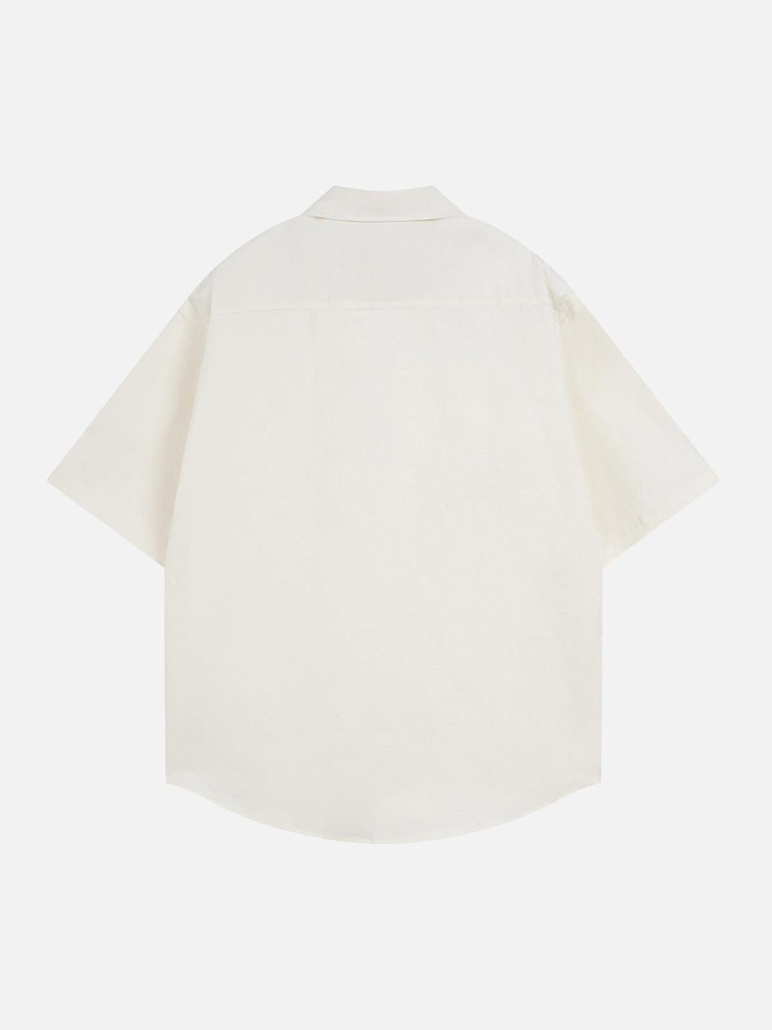 Back view of a white short-sleeve shirt by TALISHKO, highlighting its relaxed oversized fit.
