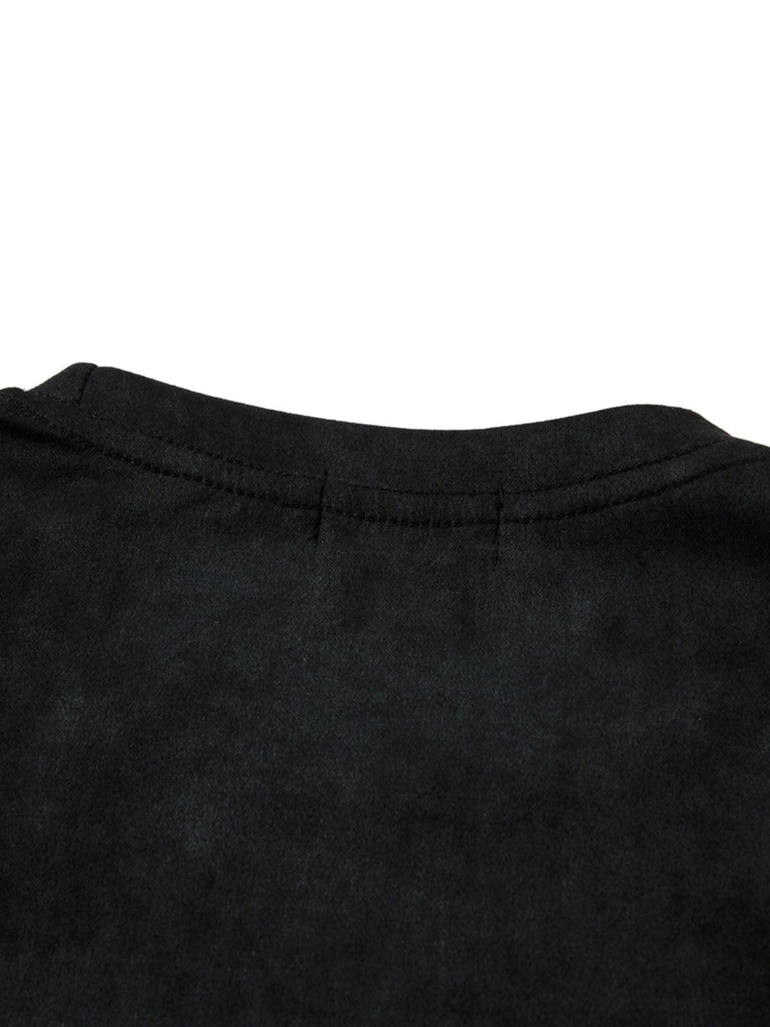 Detailed look at the neckline of a black suede t-shirt by TALISHKO, highlighting its texture.
