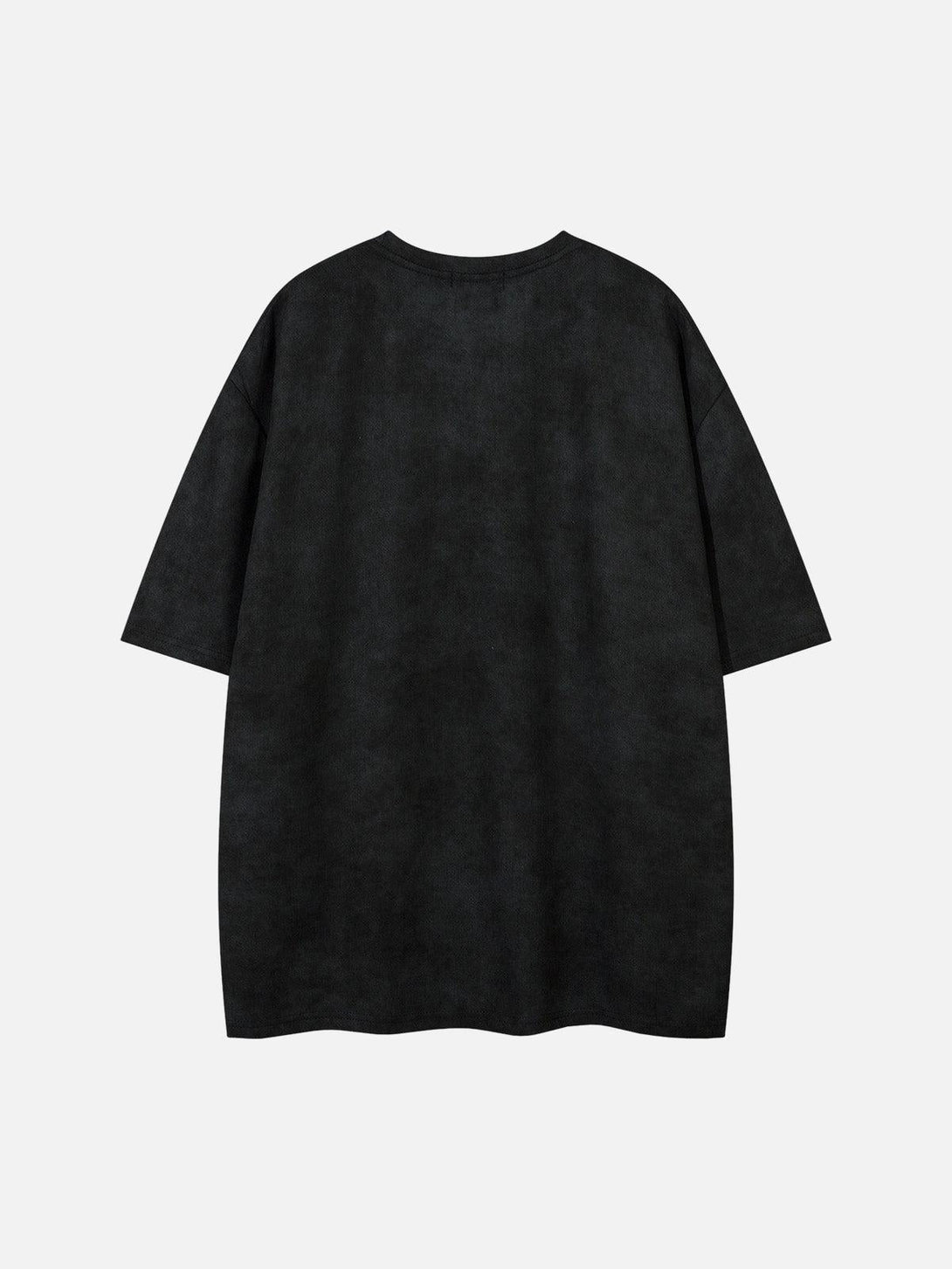 Back view of a black oversized suede print t-shirt by TALISHKO, highlighting its relaxed style.
