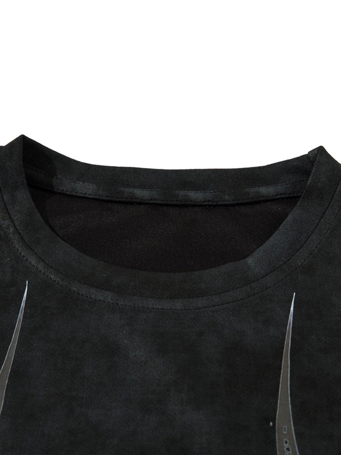 Zoomed-in view of a black oversized suede print t-shirt by TALISHKO, showcasing graphic details.