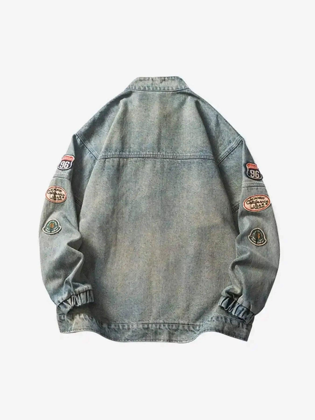 Back view of oversized denim jacket with embroidered patches, featuring a hip-hop style by TALISHKO.