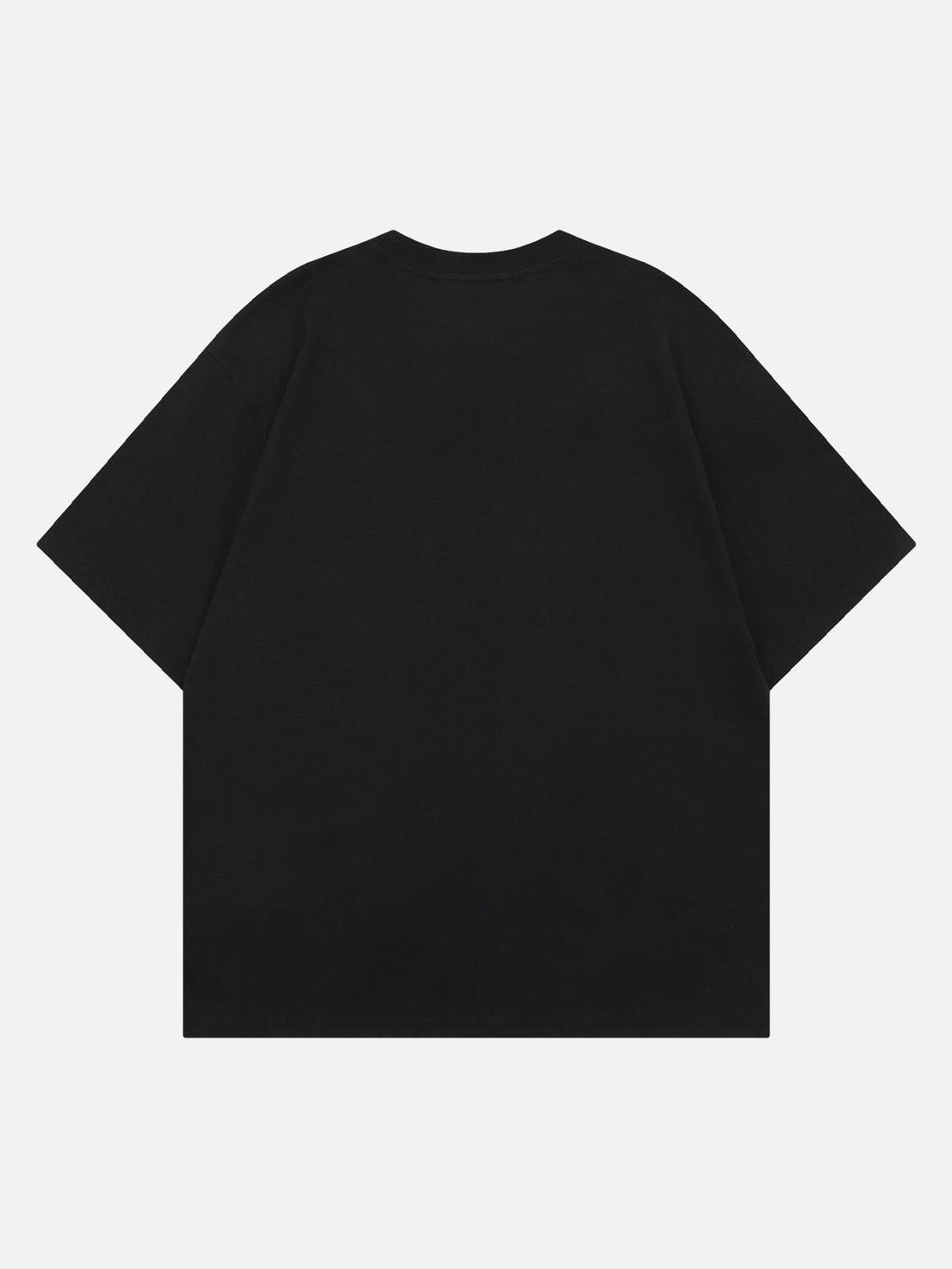 Back view of black oversized graphic T-shirt by TALISHKO, showcasing a relaxed fit.