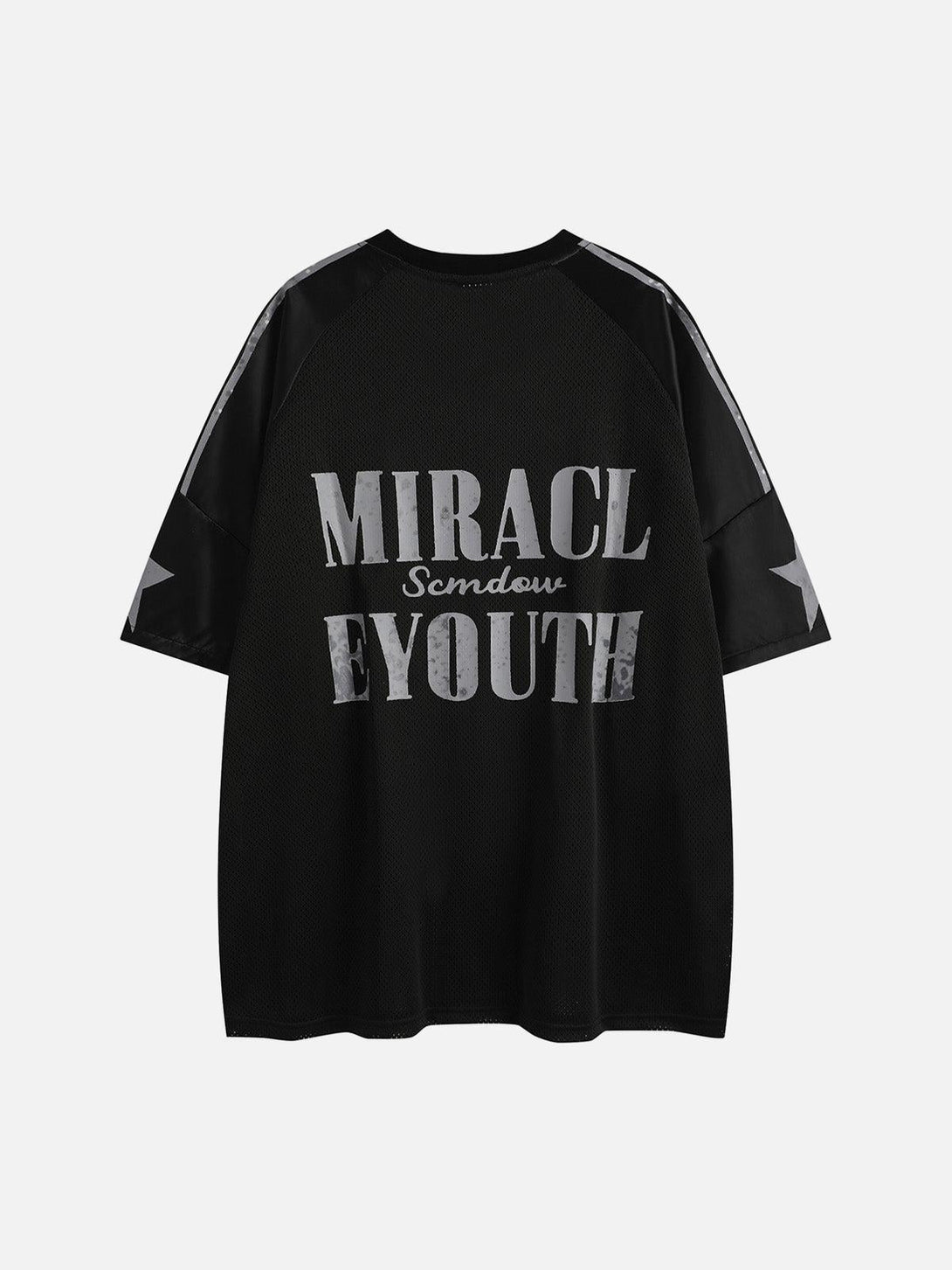 Back view of a black oversized sports jersey T-shirt with bold text, crafted by TALISHKO.