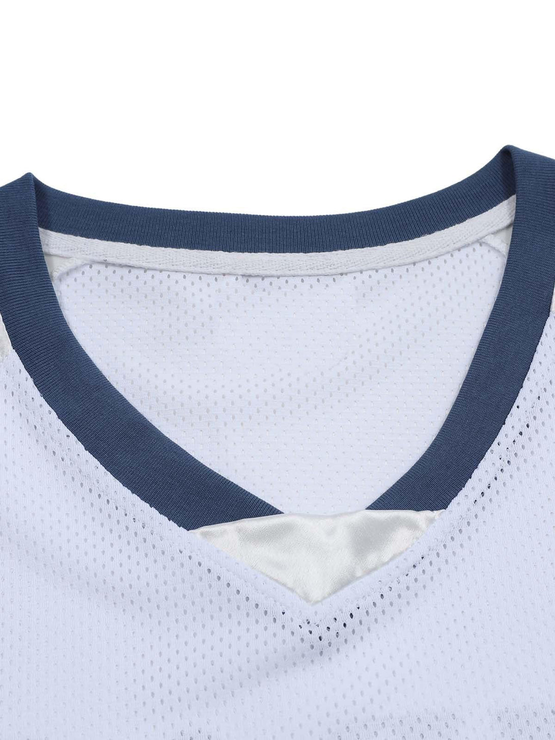 A close-up of the neckline on the white sports jersey T-shirt, featuring blue trim by TALISHKO.