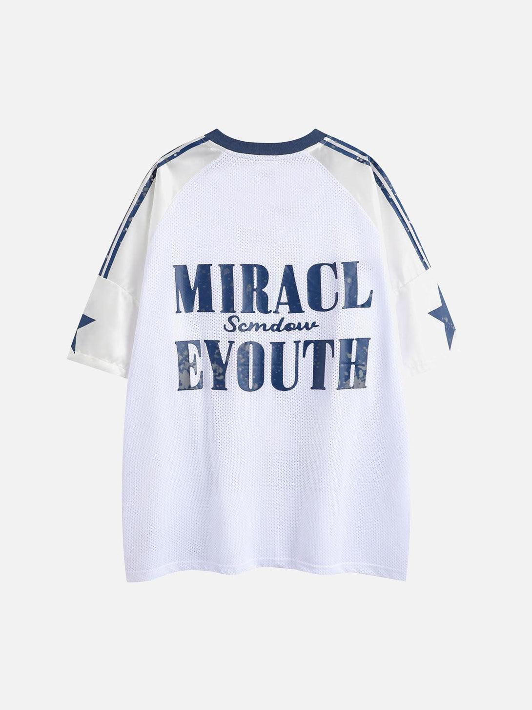Back view of a white oversized sports jersey T-shirt with blue text, created by TALISHKO.