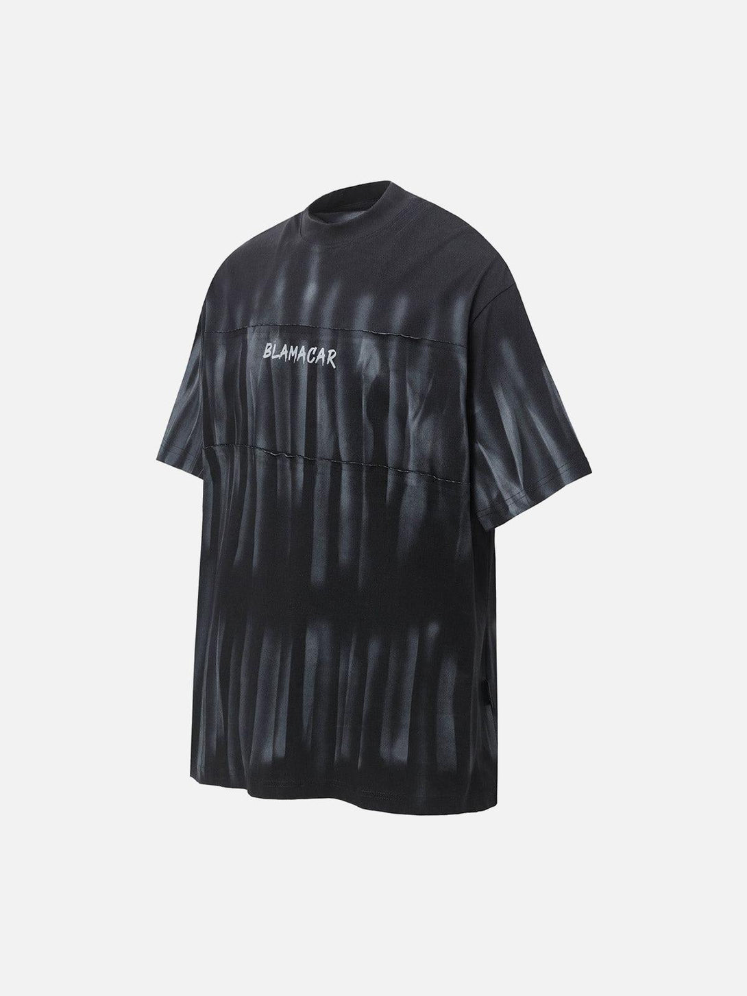 Side angle of a black oversized tie-dye T-shirt with embroidery, crafted by TALISHKO.