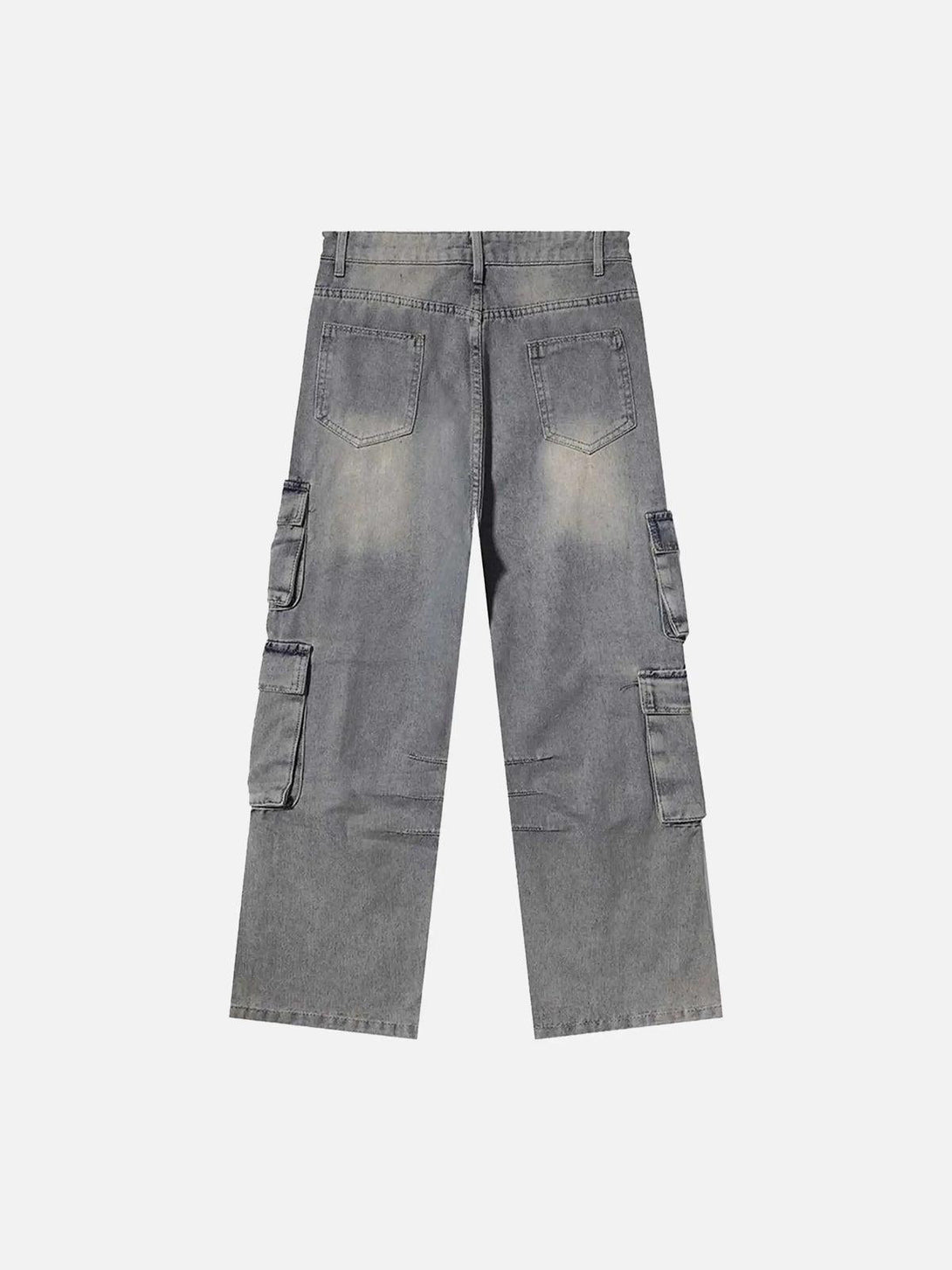 Back view of gray cargo jeans featuring multiple pockets, designed by TALISHKO.