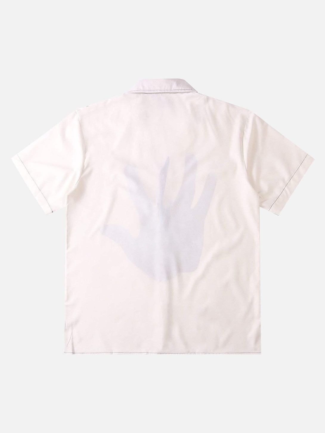 Back view of a TALISHKO short sleeve shirt showcasing a subtle palm print on white fabric.
