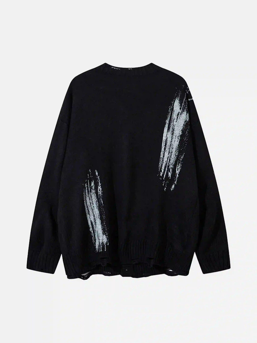 A black graffiti-patterned cardigan by TALISHKO, showcasing abstract brushstroke designs.