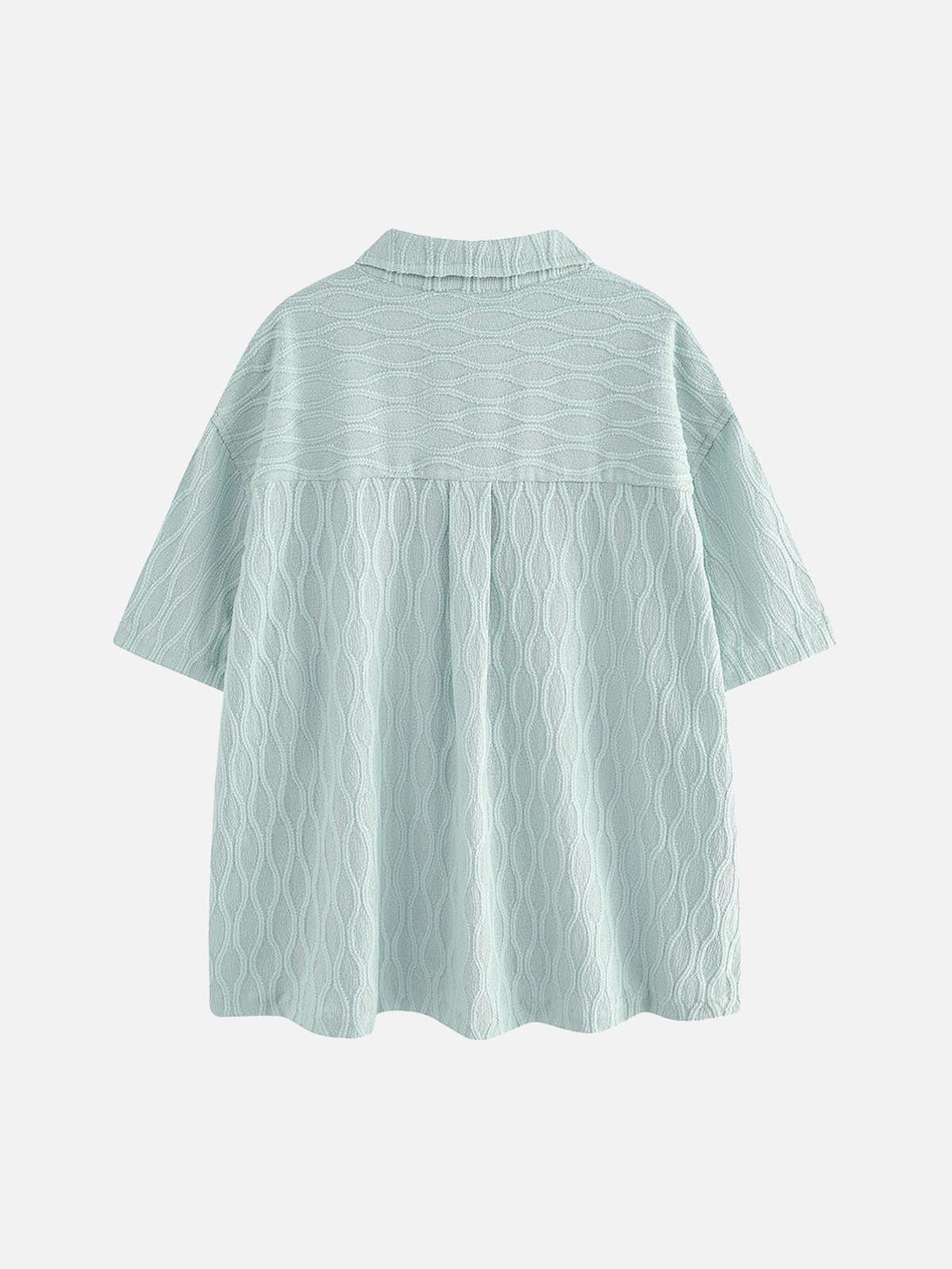 Back view of a mint palm tree short-sleeve shirt by TALISHKO, showcasing its unique texture.