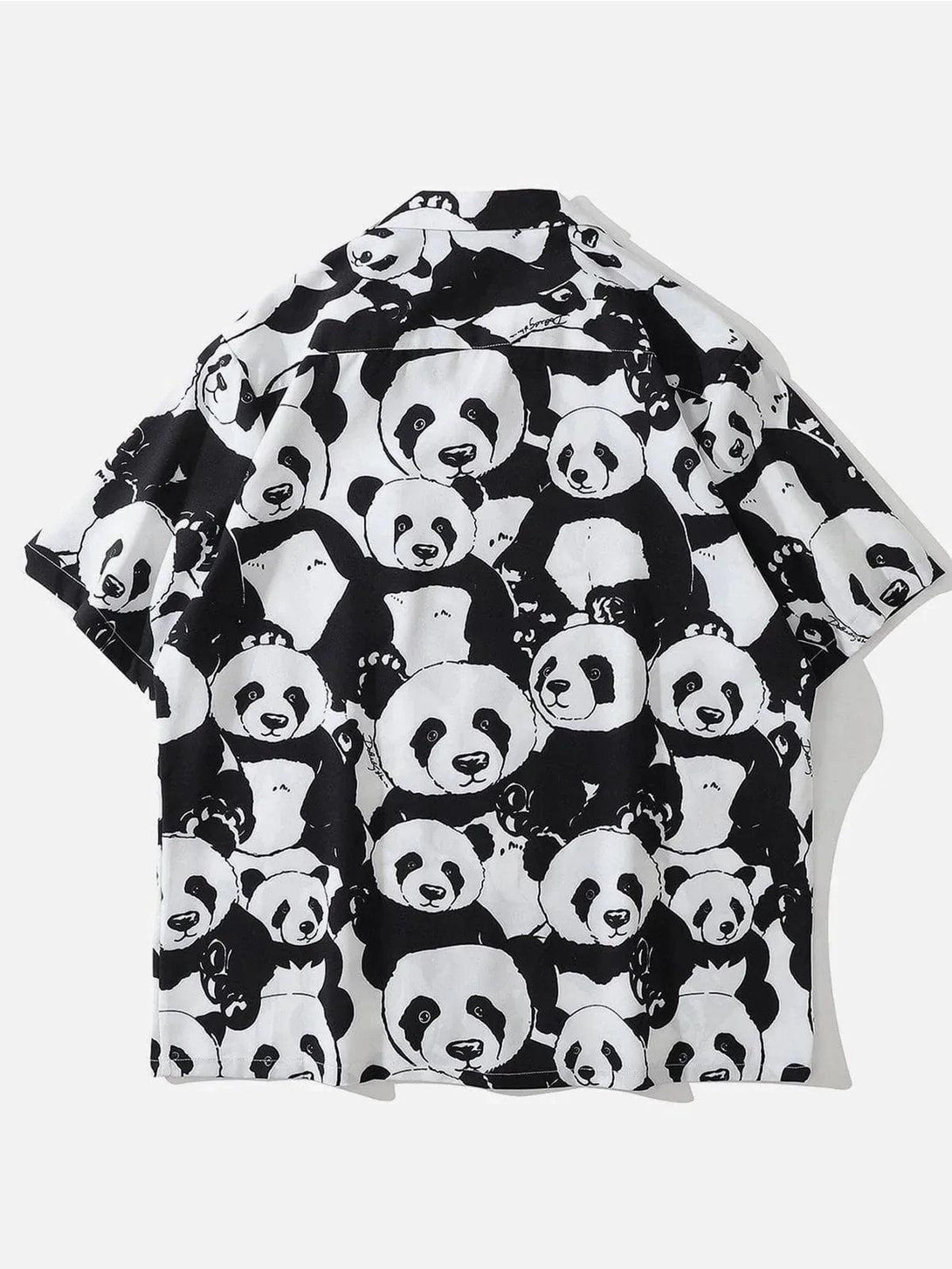 Back view of black and white panda print short-sleeved shirt by TALISHKO, perfect for playful style.