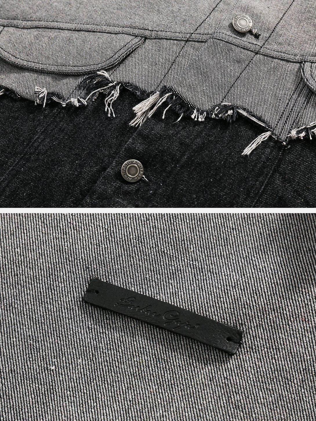 A tight crop highlighting TALISHKO's denim jacket with frayed edges and contrasting panels.